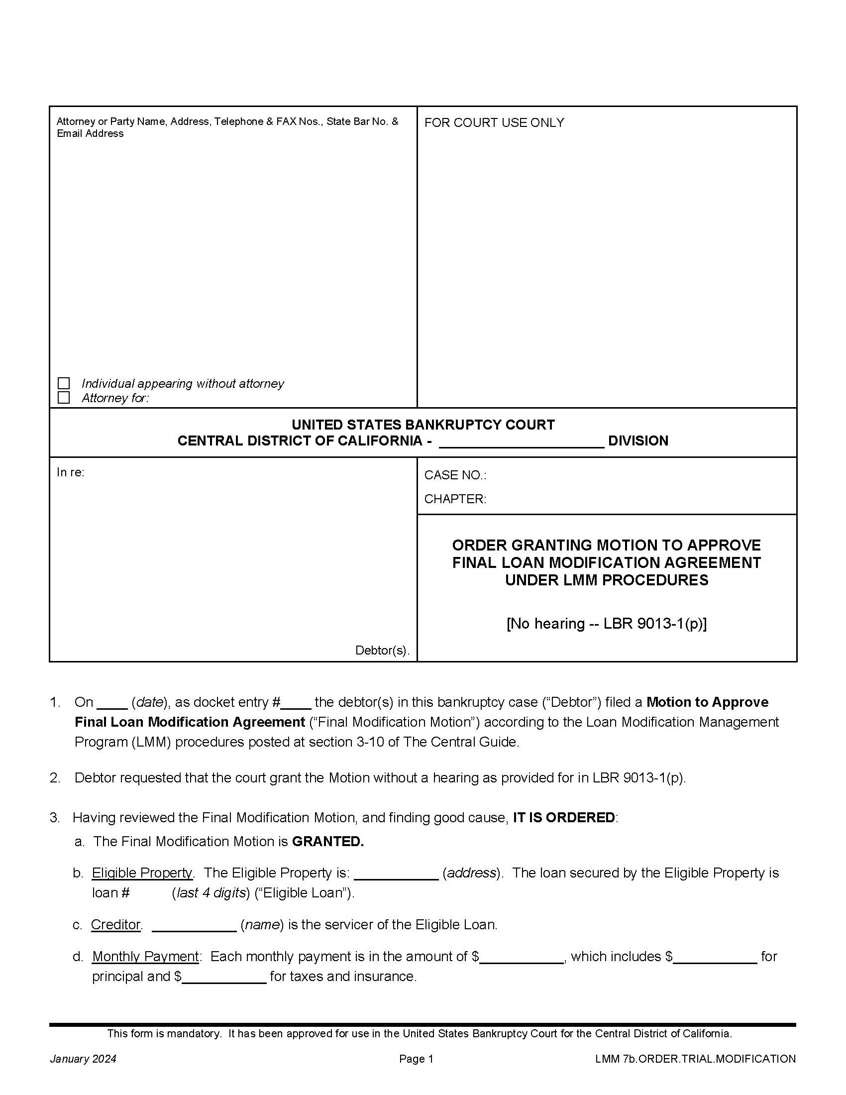 Order Granting Motion To Approve Final Loan Modification Agreement Under LMM Procedures {LMM 7b.ORDER.FINAL.MODIFICATION} | Pdf Fpdf Docx | California