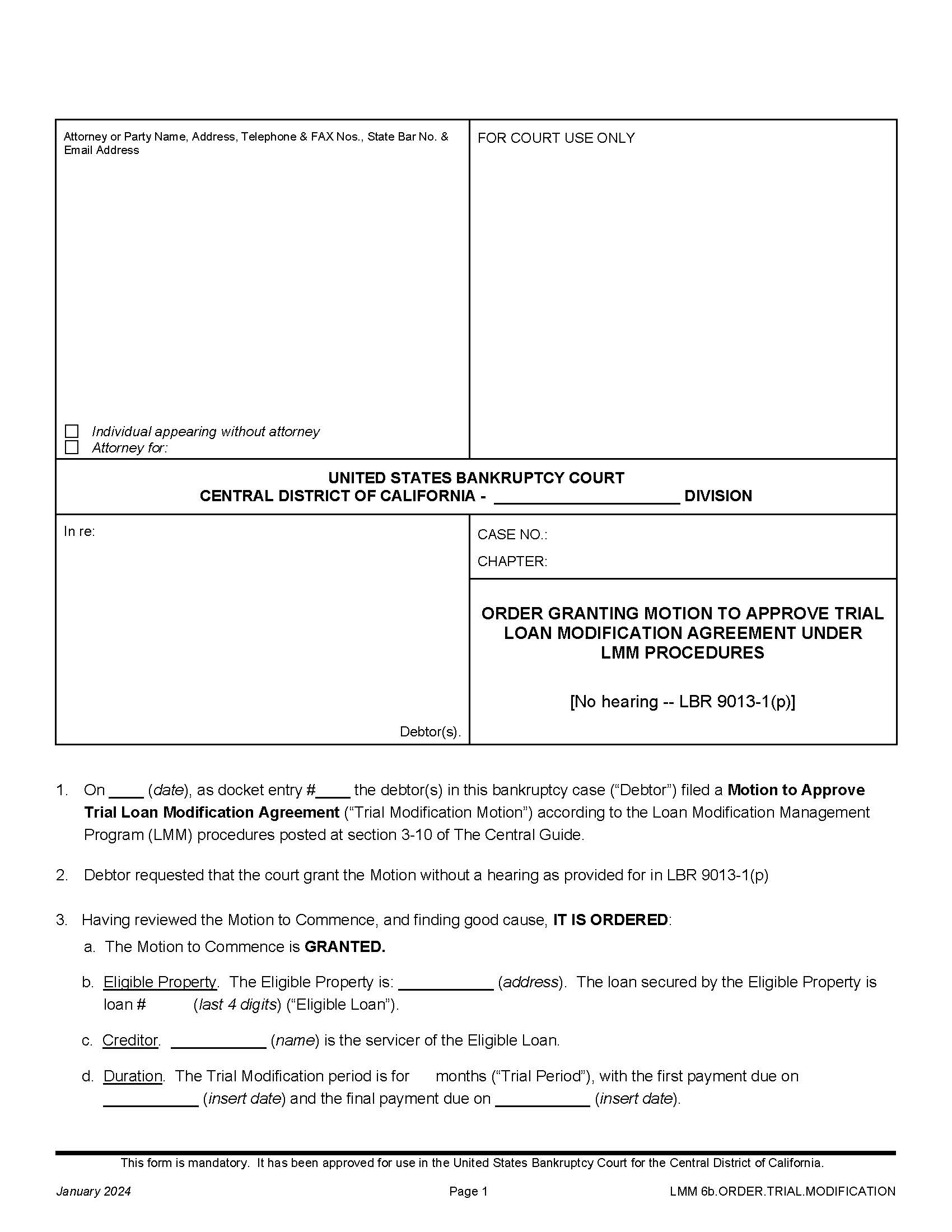 Order Granting Motion To Approve Trial Loan Modification Agreement Under LMM Procedures {LMM 6b.ORDER.TRIAL.MODIFICATION} | Pdf Fpdf Docx | California