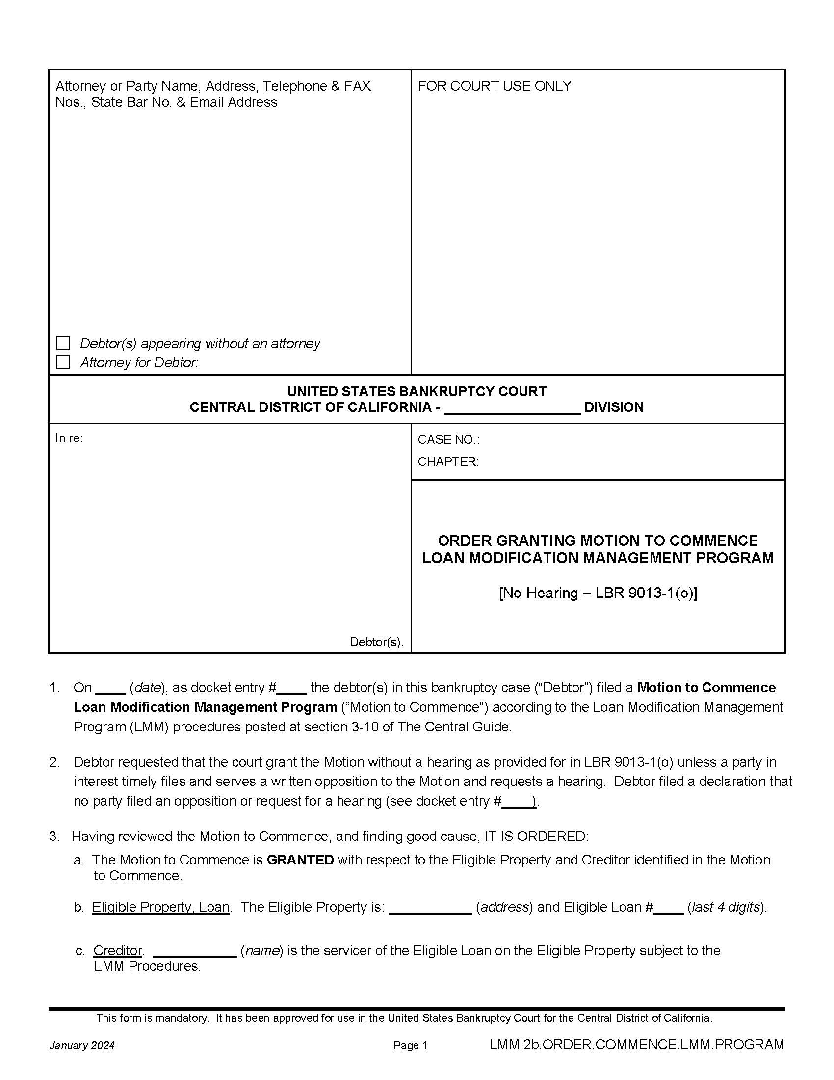 Order Granting Motion To Commence Loan Modification Management Program {LMM 2b.ORDER.COMMENCE.LMM.PROGRAM} | Pdf Fpdf Docx | California