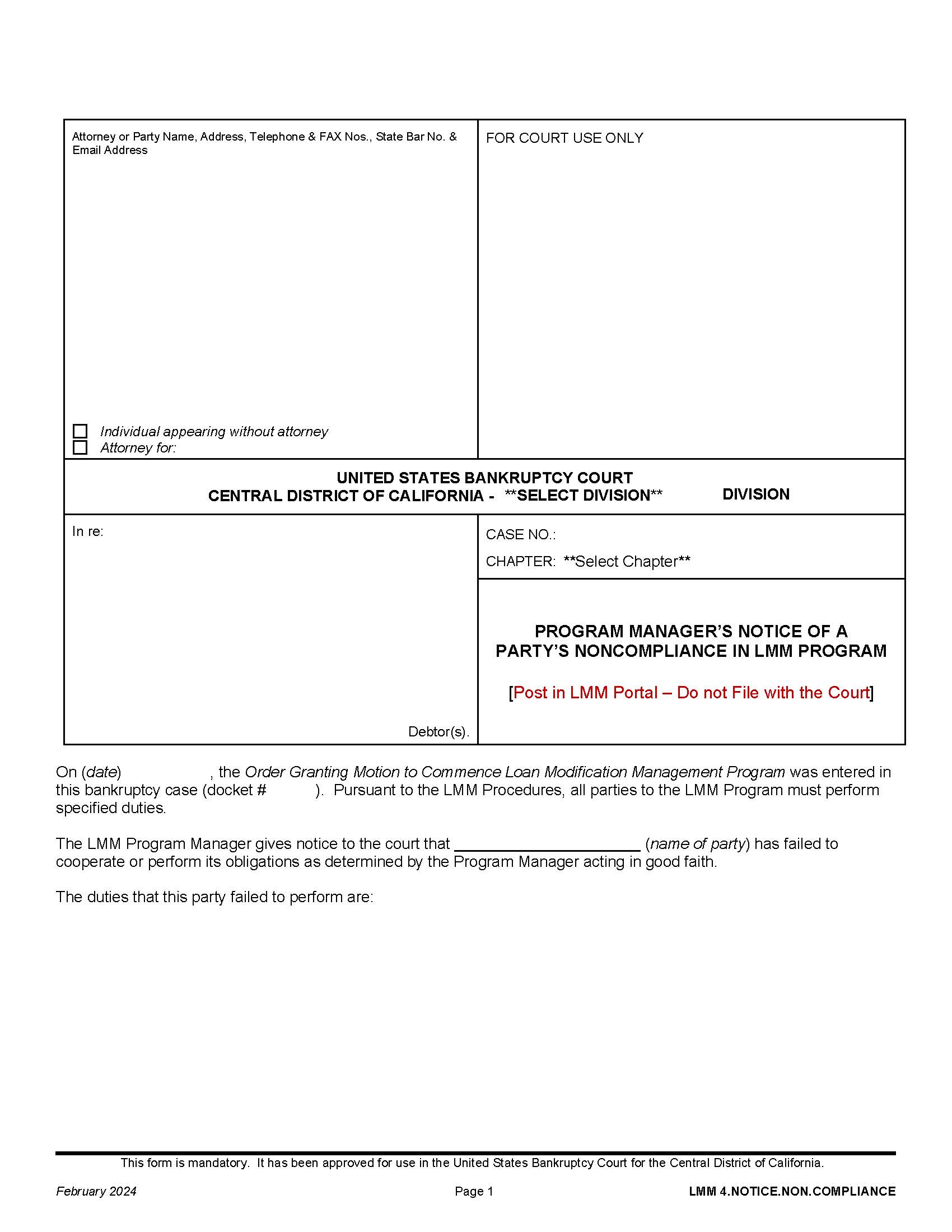 Program Managers Notice Of A Partys Noncompliance In LMM Program {LMM 4.NOTICE.NON.COMPLIANCE} | Pdf Fpdf Docx | California