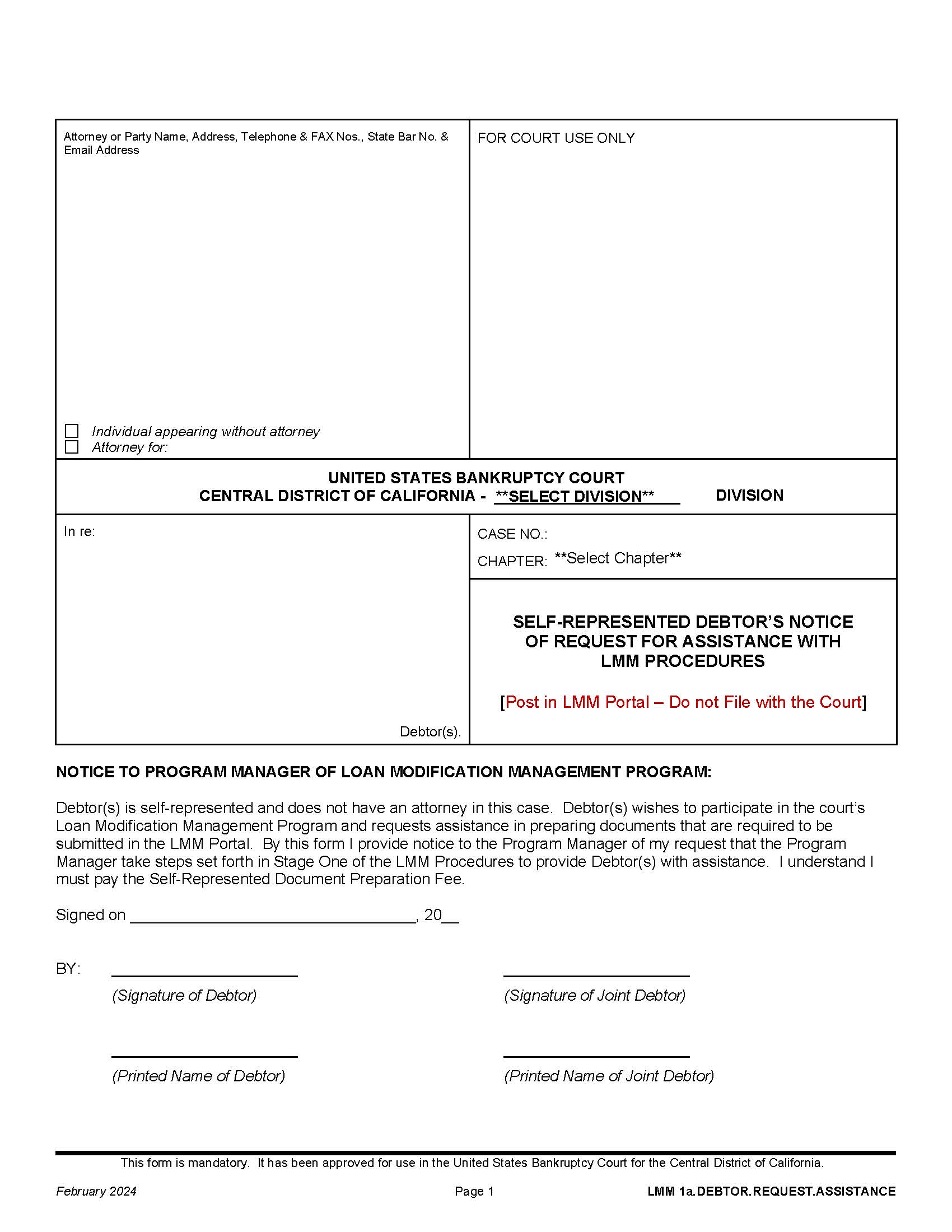 Self-Represented Debtors Notice Of Request For Assistance With LMM Procedures {LMM 1a.DEBTOR.REQUEST.ASSISTANCE} | Pdf Fpdf Docx | California
