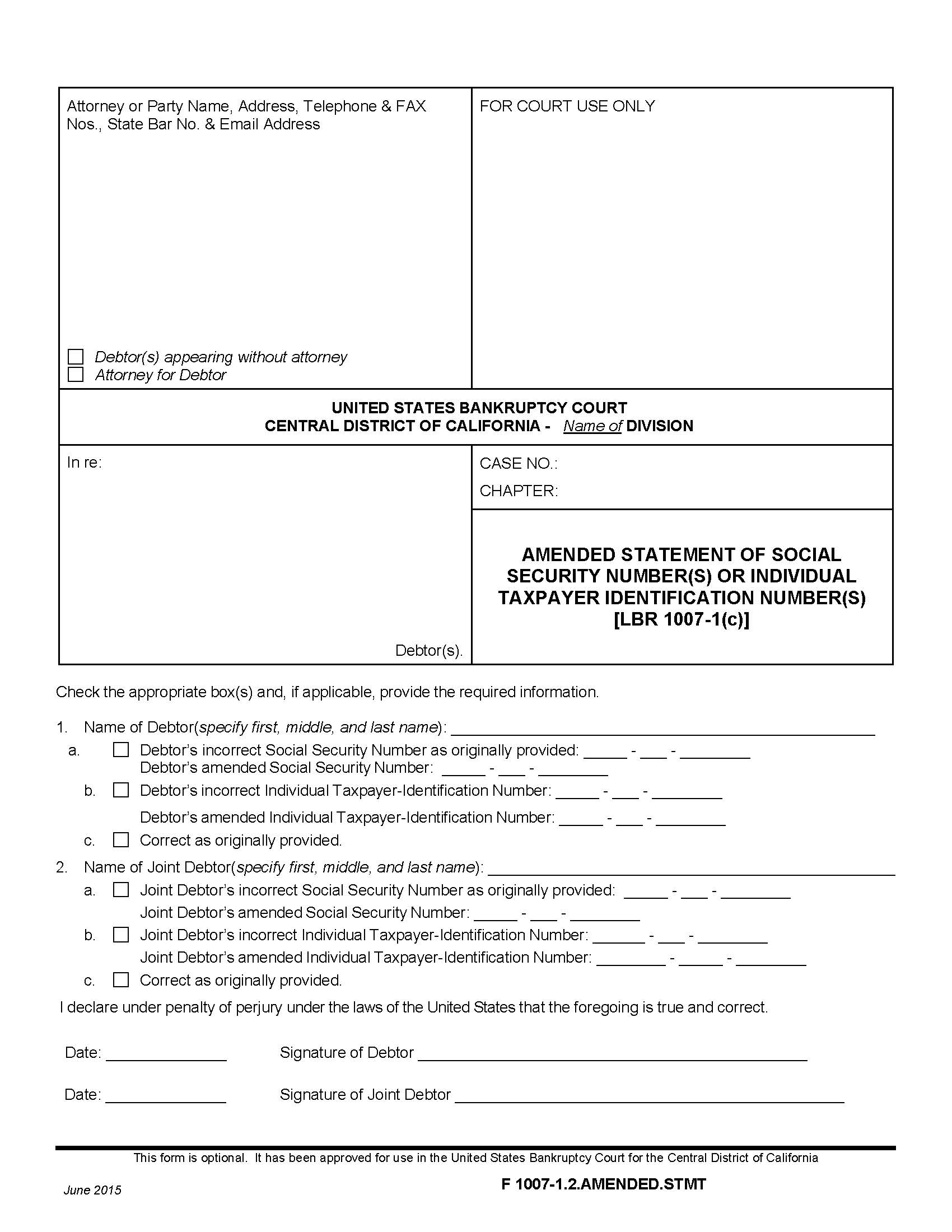 Amended Statement Of Social Security Number(s) {F 1007-1.2.AMENDED.STMT} | Pdf Fpdf Doc Docx | California