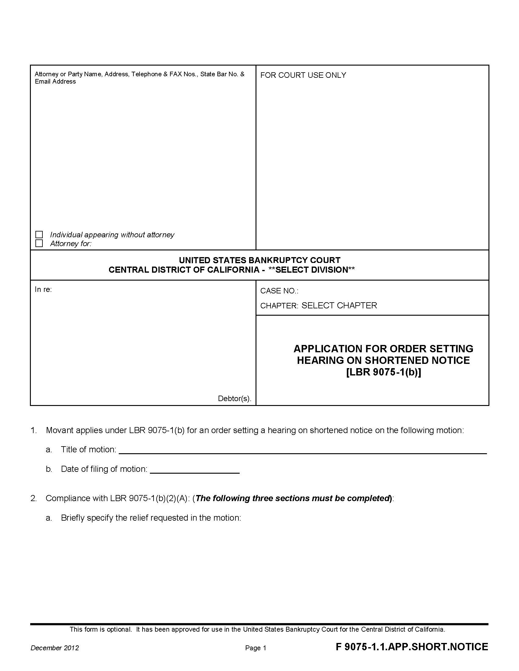 Application For Order Setting Hearing On Shortened Notice (LBR 9075-1(b)) {F 9075-1.1.APP.SHORT.NOTICE} | Pdf Fpdf Doc Docx | California
