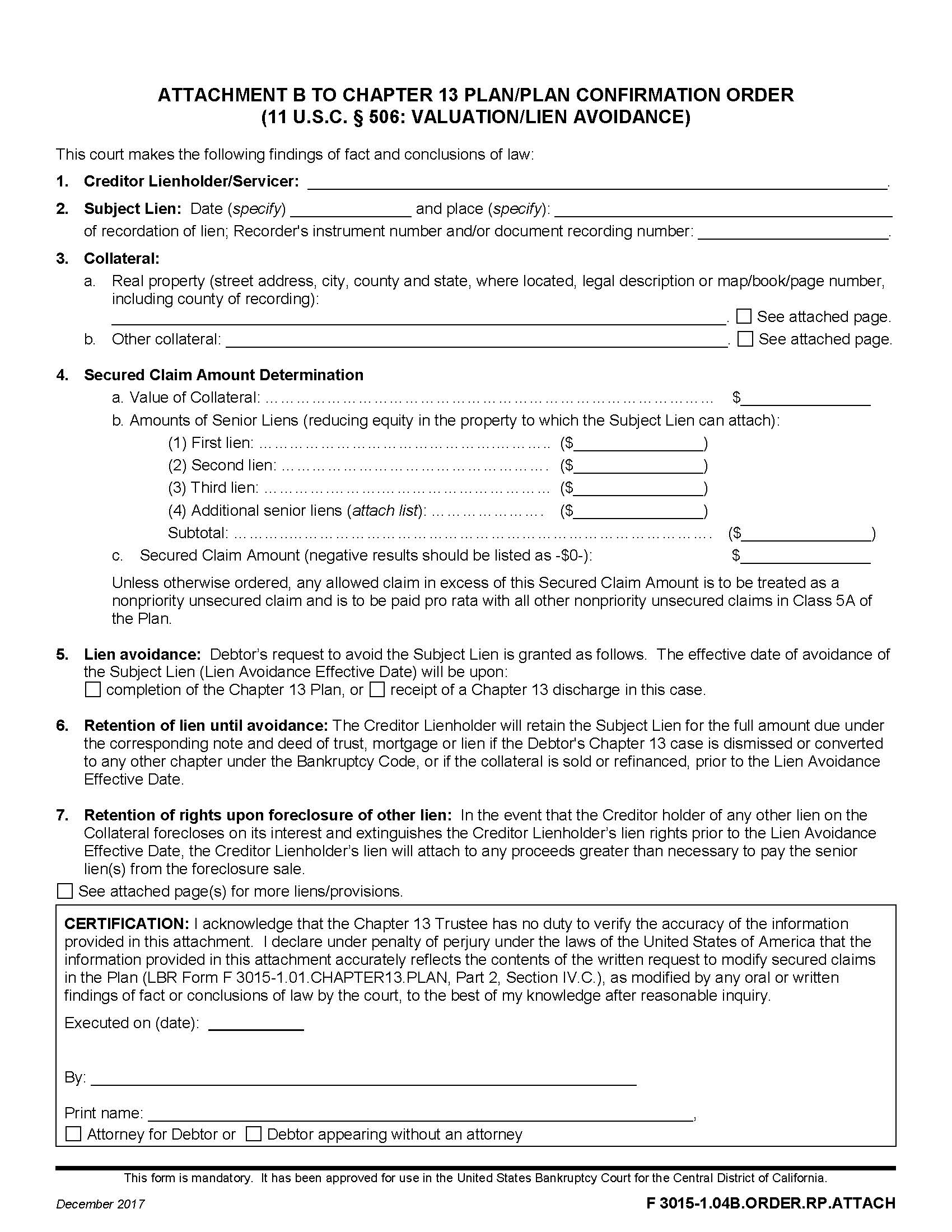 Attachment B To Chapter 13 Plan Valuation Lien Avoidance {F 3015-1.04B.ORDER.RP.ATTACH} | Pdf Fpdf Docx | California