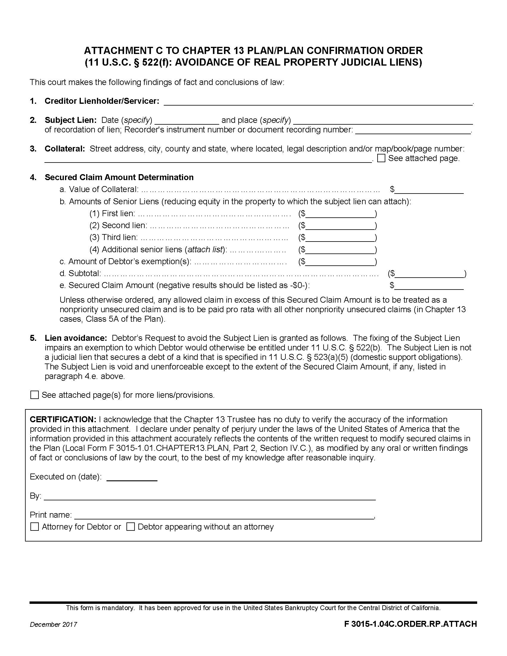 Attachment C To Chapter 13 Plan Avoidance Of Real Property Judicial Liens {F 3015-1.04C.ORDER.RP.ATTACH} | Pdf Fpdf Docx | California