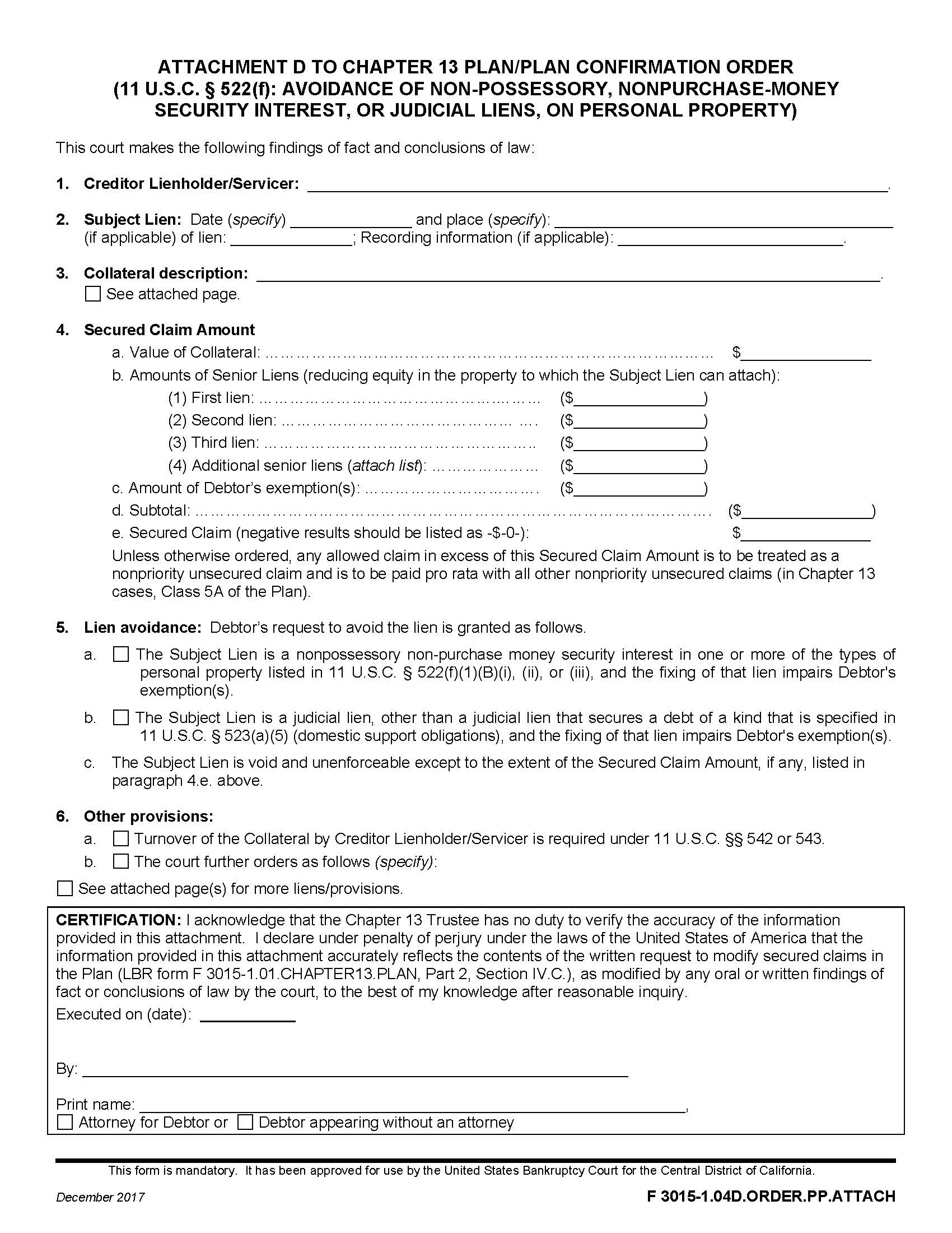 Attachment D To Chapter 13 Plan Avoidance Of Non-Possessory Nonpurchase Money  {F 3015-1.04D.ORDER.PP.ATTACH} | Pdf Fpdf Docx | California