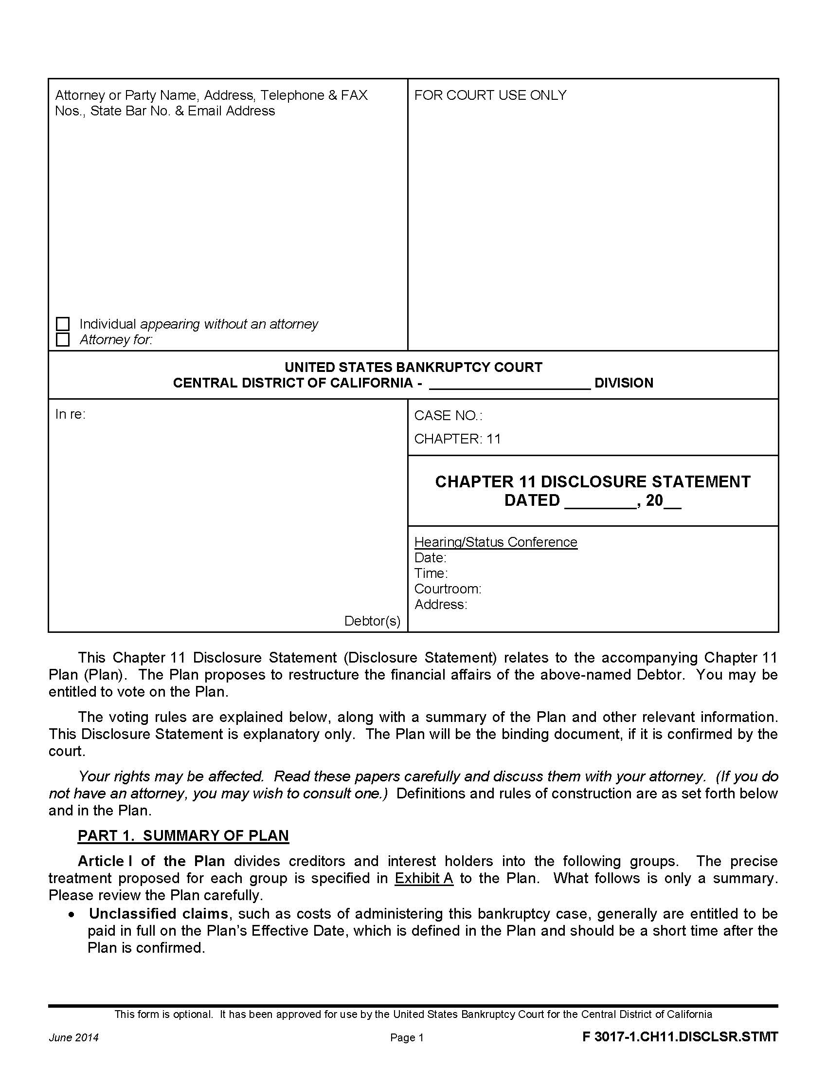 Chapter 11 Disclosure Statement {F 3017-1.CH11.DISCLSR.STMT} | Pdf Fpdf Doc Docx | California