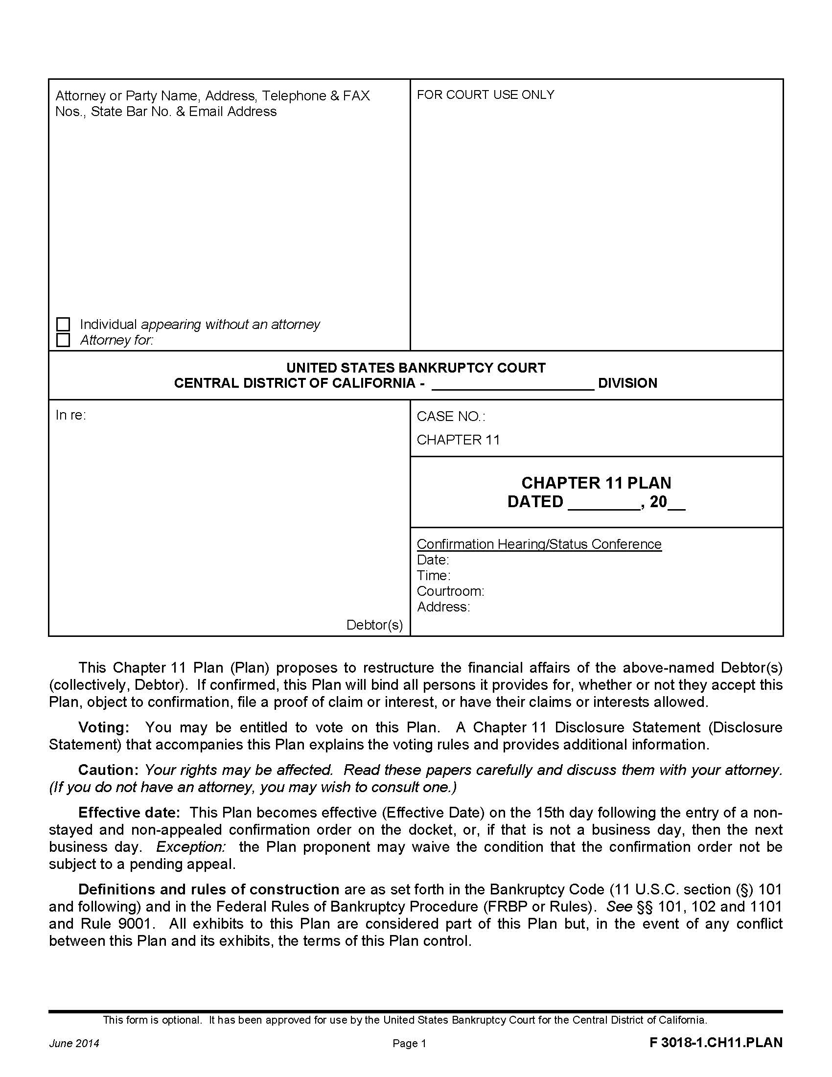 Chapter 11 Plan {F 3018-1.CH11.PLAN} | Pdf Fpdf Doc Docx | California