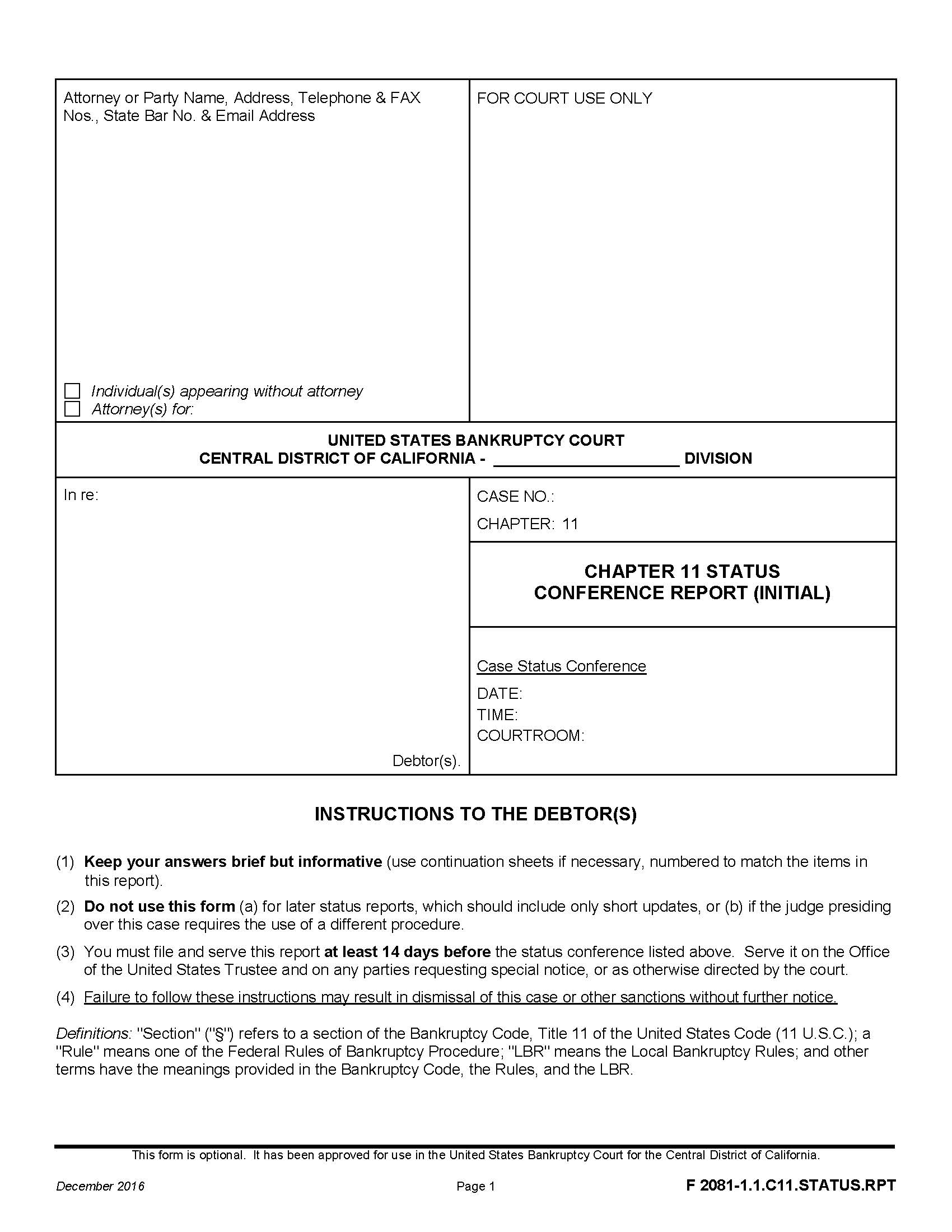 Chapter 11 Status Conference Report (Initial)  {F 2081-1.CH11.STATUS.RPT} | Pdf Fpdf Docx | California