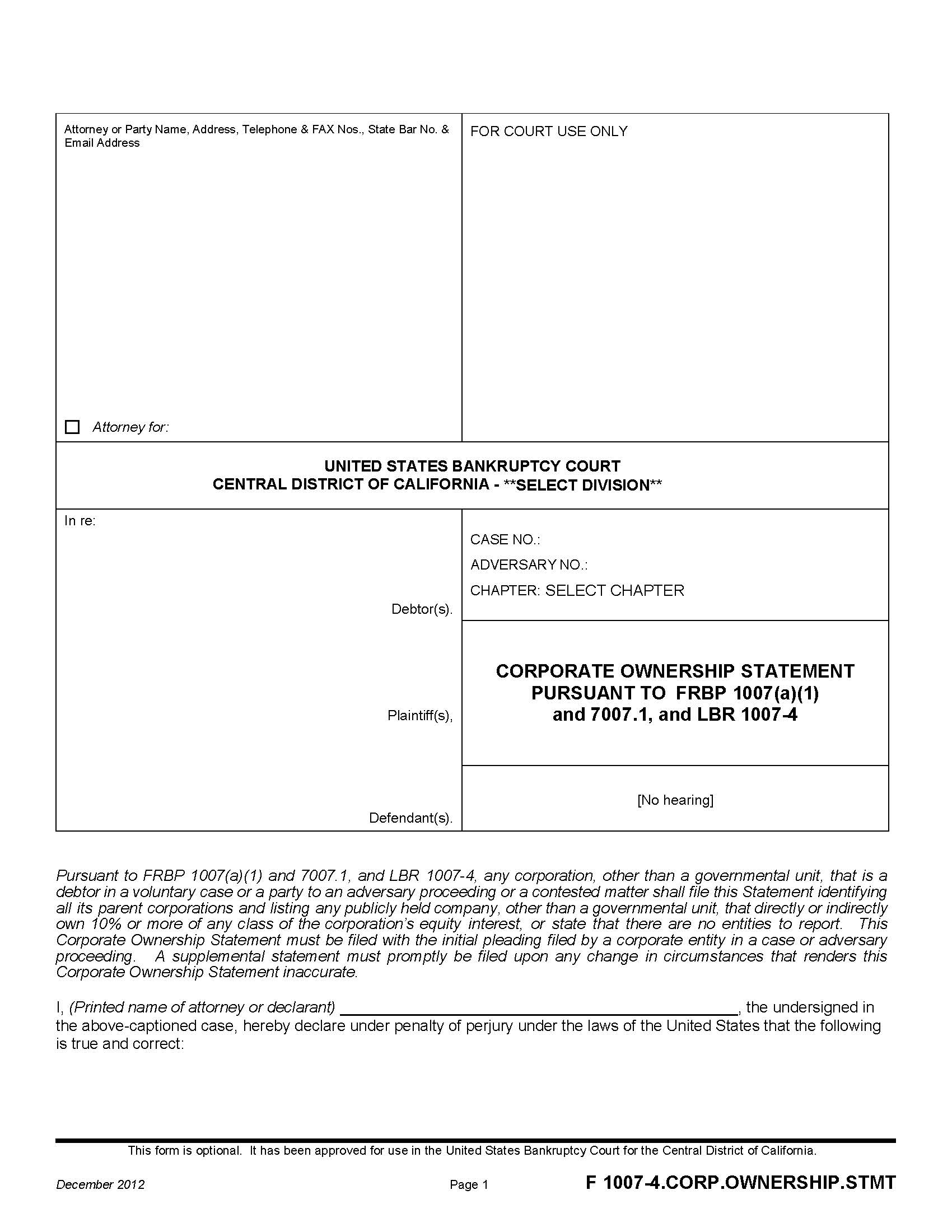 Corporate Ownership Statement Pursuant To FRPB 1007(a)(1) {F 1007-4.CORP.OWNERSHIP.STMT} | Pdf Fpdf Doc Docx | California