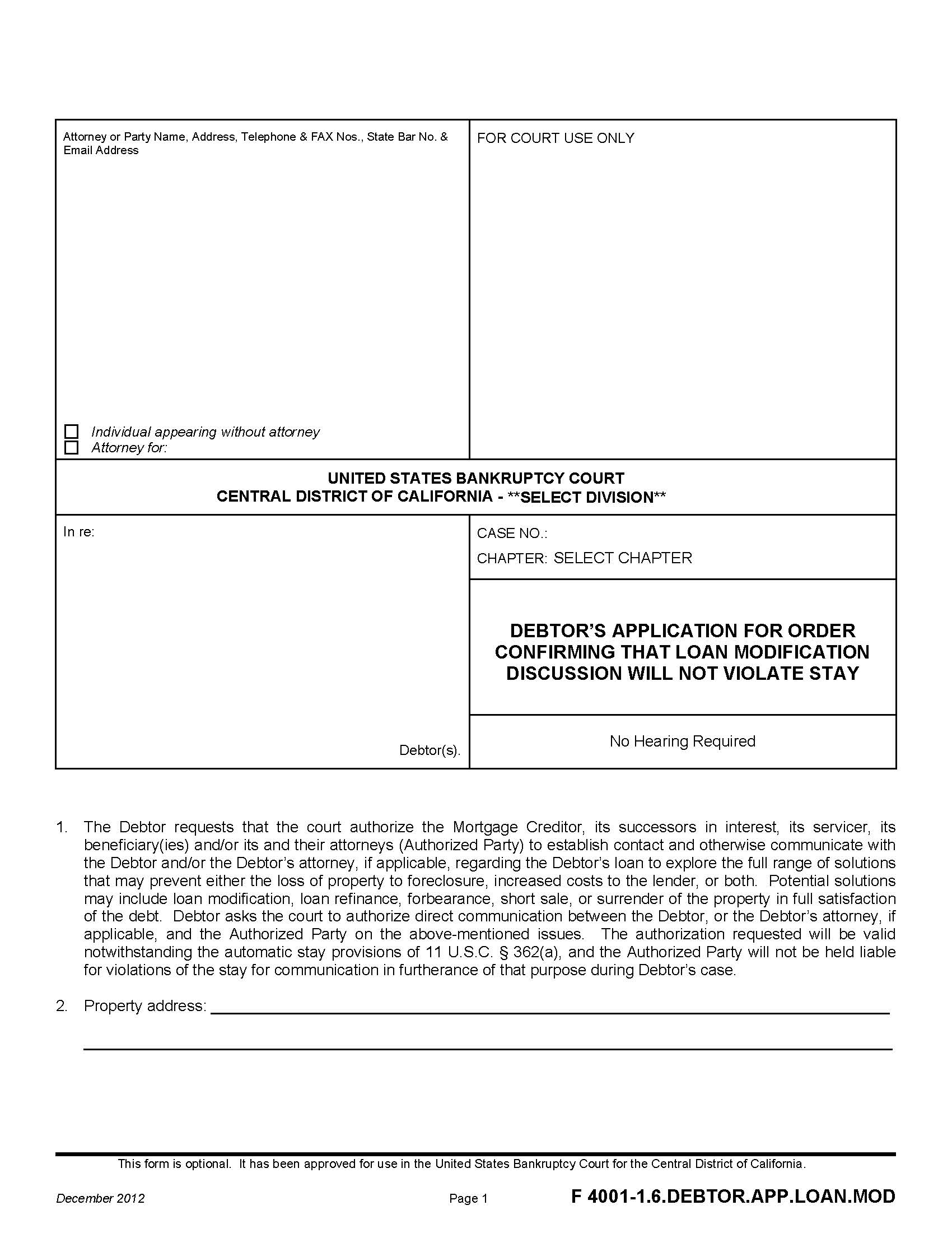 Debtors Application For Order Confirming That Loan Modification Discussion {F 4001-1.6.DEBTOR.APP.LOAN.MOD} | Pdf Fpdf Doc Docx | California