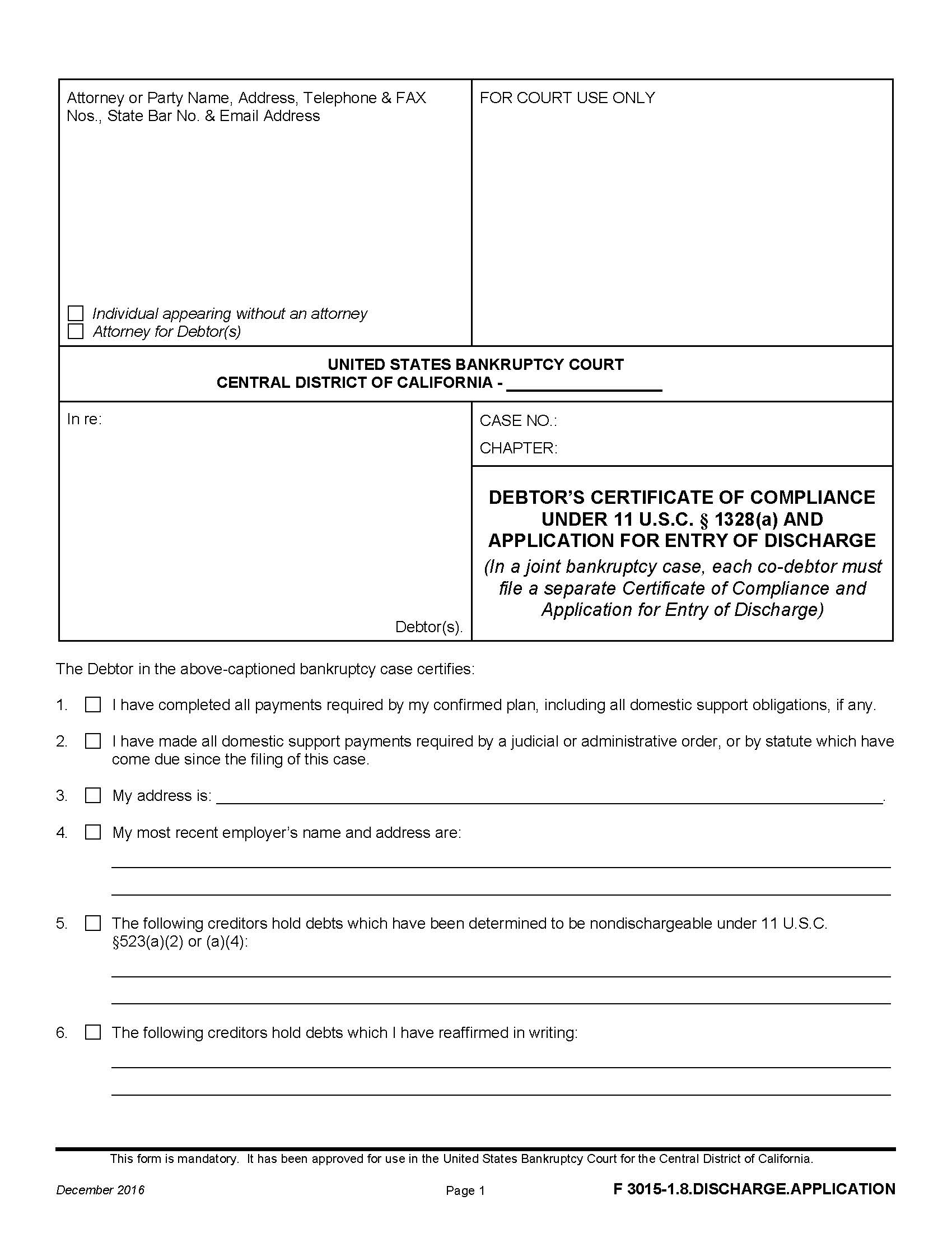 Debtors Certificate Of Compliance Under 11 USC 1328(a) And Application {F 3015-1.8.DISCHARGE.APPLICATION} | Pdf Fpdf Docx | California