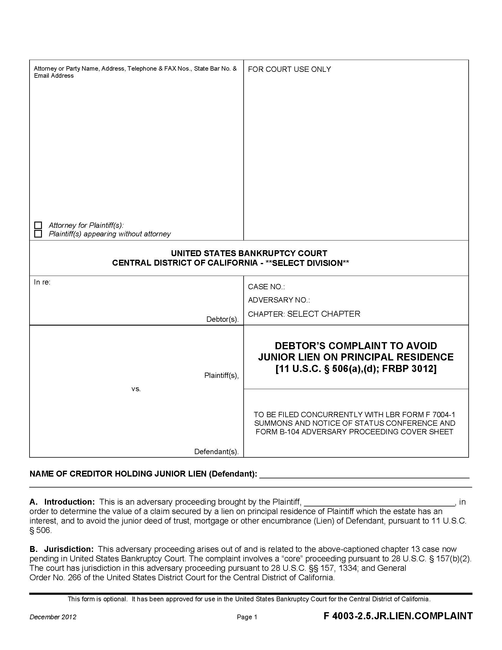 Debtors Complaint To Avoid Junior Lien On Principal Residence {F 4003-2.5.JR.LIEN.COMPLAINT} | Pdf Fpdf Doc Docx | California