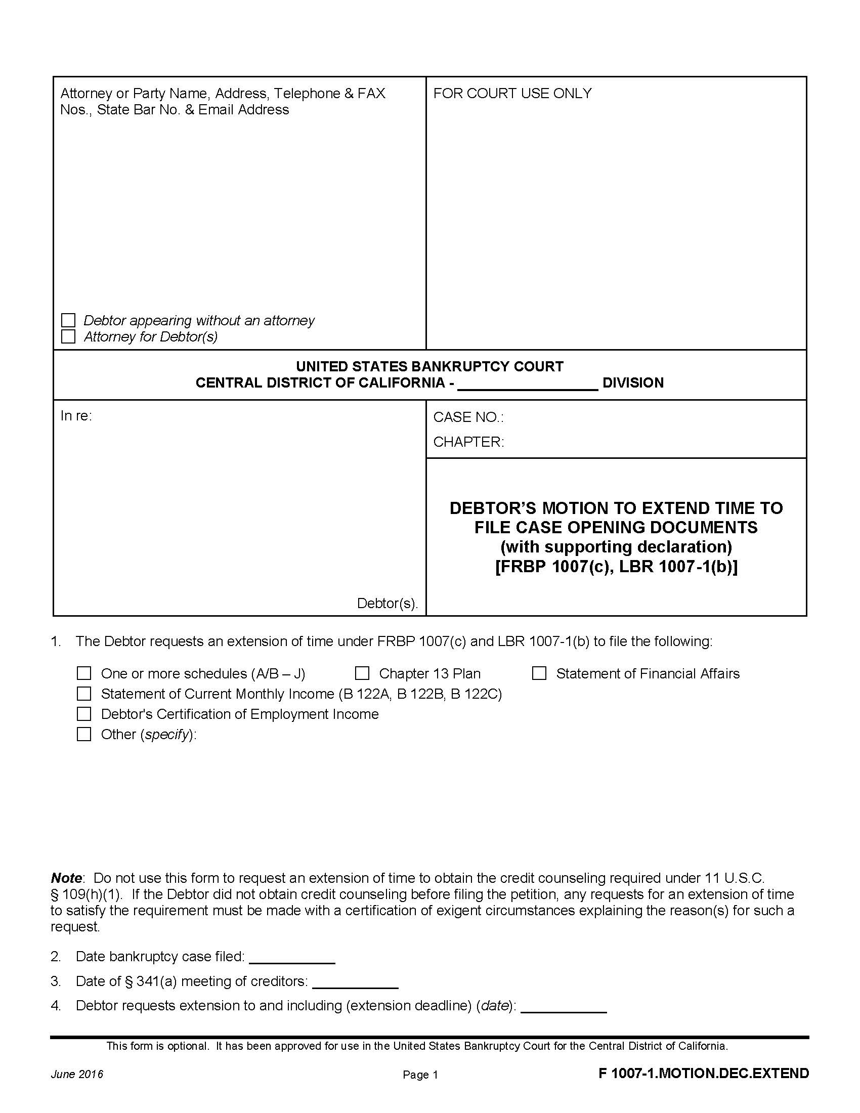 Debtors Motion To Extend Time To File Case Opening Documents {F 1007-1.MOTION.DEC.EXTEND} | Pdf Fpdf Docx | California