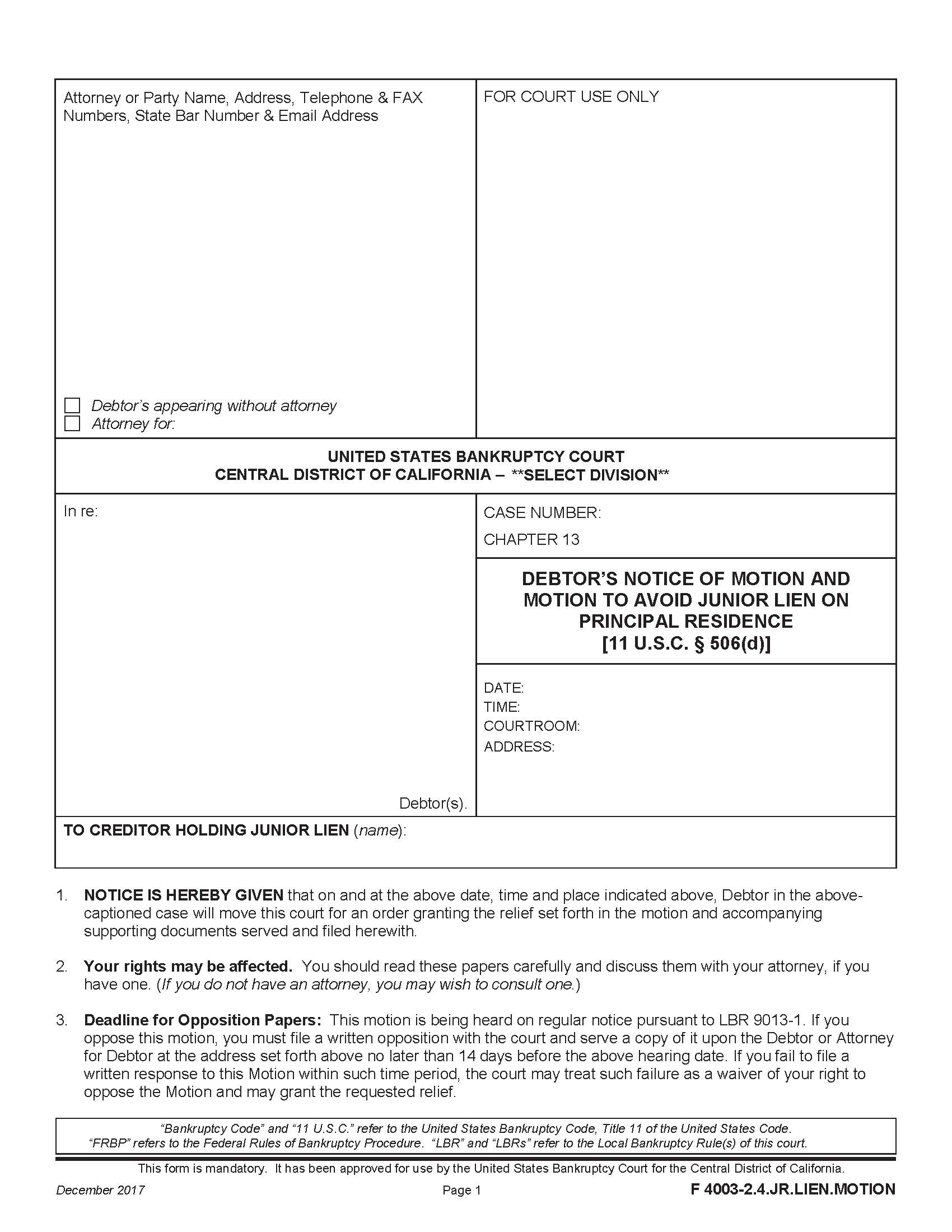 Debtors Notice Of Motion And Motion To Avoid Junior Lien {F 4003-2.4.JR.LIEN.MOTION} | Pdf Fpdf Docx | California