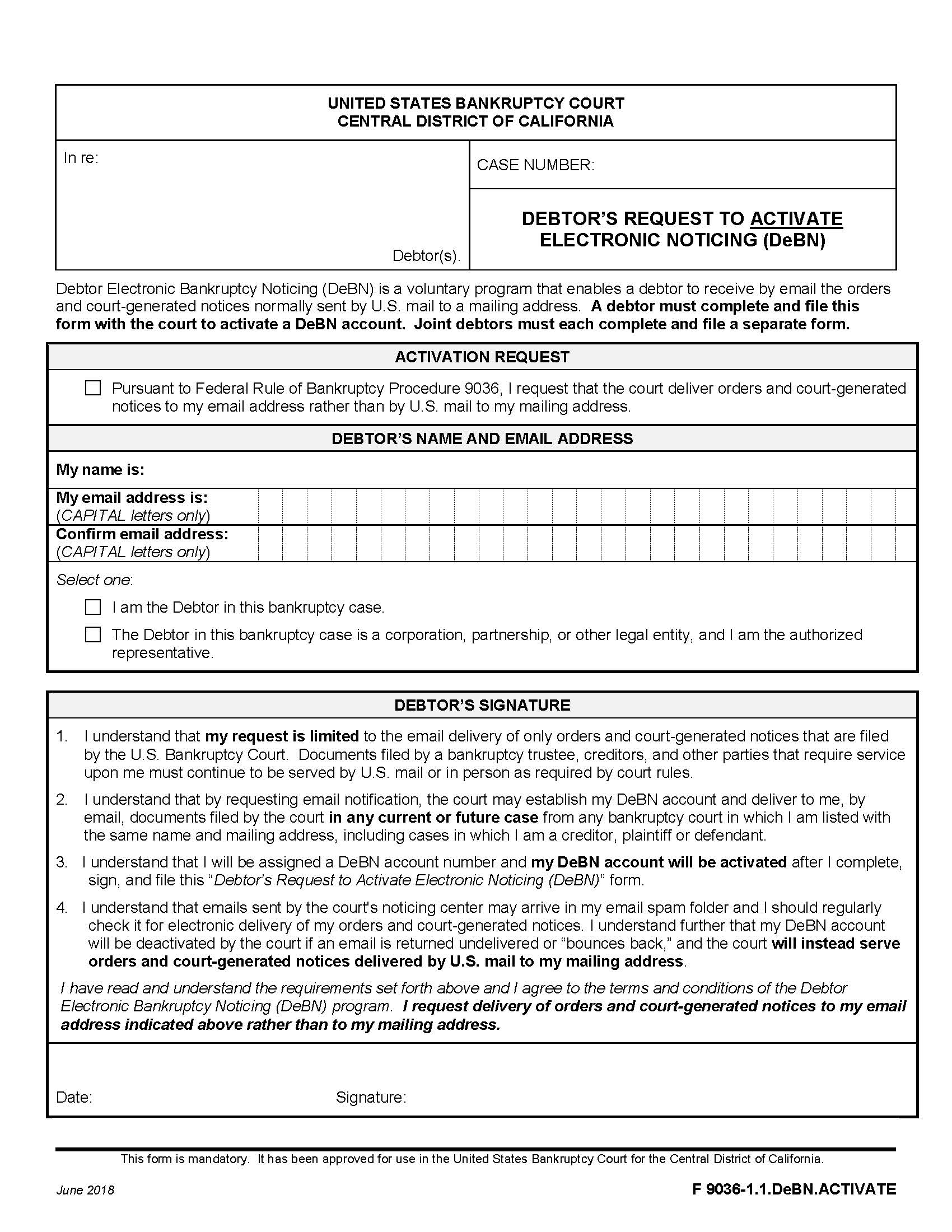 Debtors Request To Activate Electronic Noticing (DeBN) {F 9036-1.1DeBN.ACTIVATE} | Pdf Fpdf Docx | California