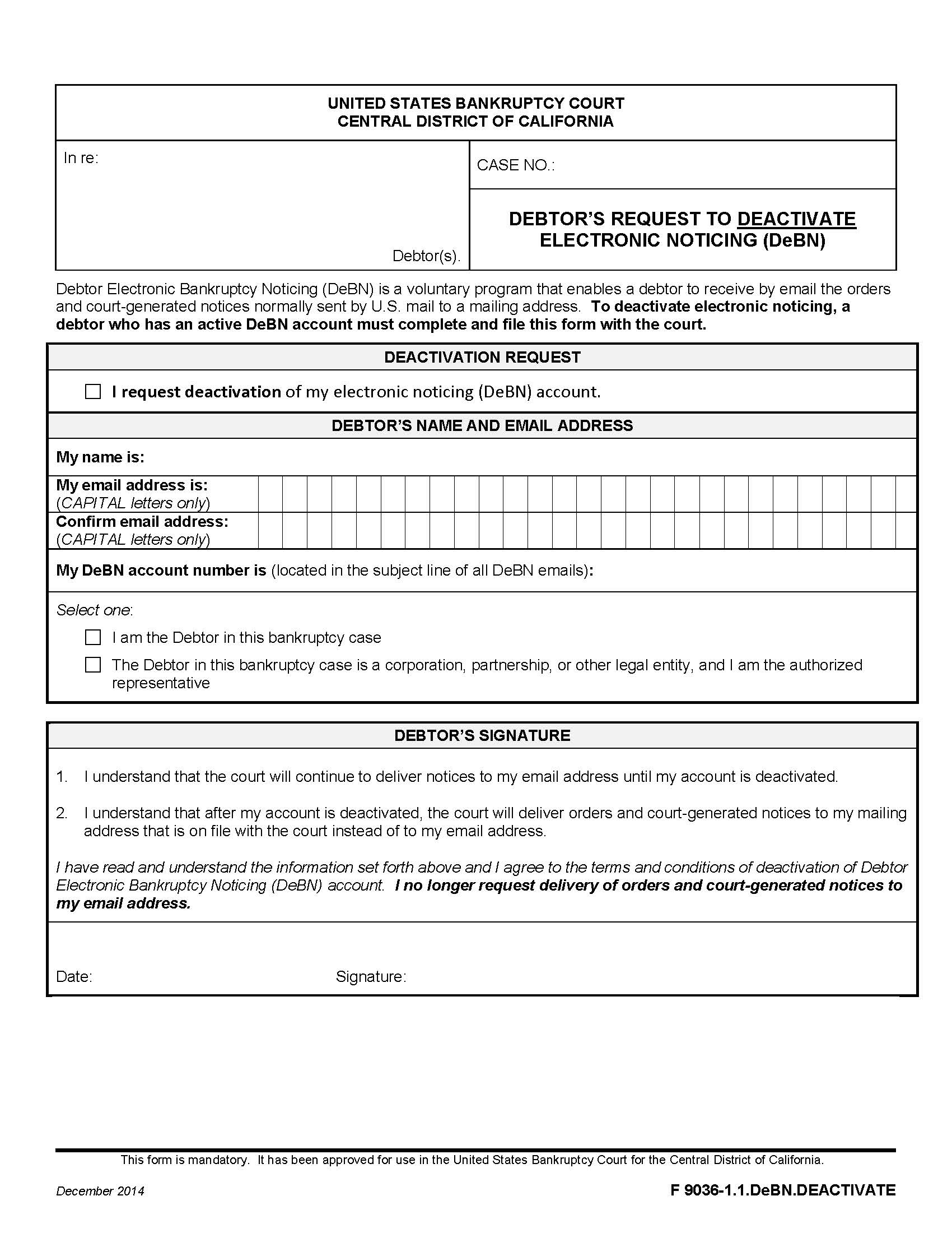 Debtors Request To Deactivate Electronic Noticing (DeBN) {F 9036-1.1DeBN.DEACTIVATE} | Pdf Fpdf Docx | California