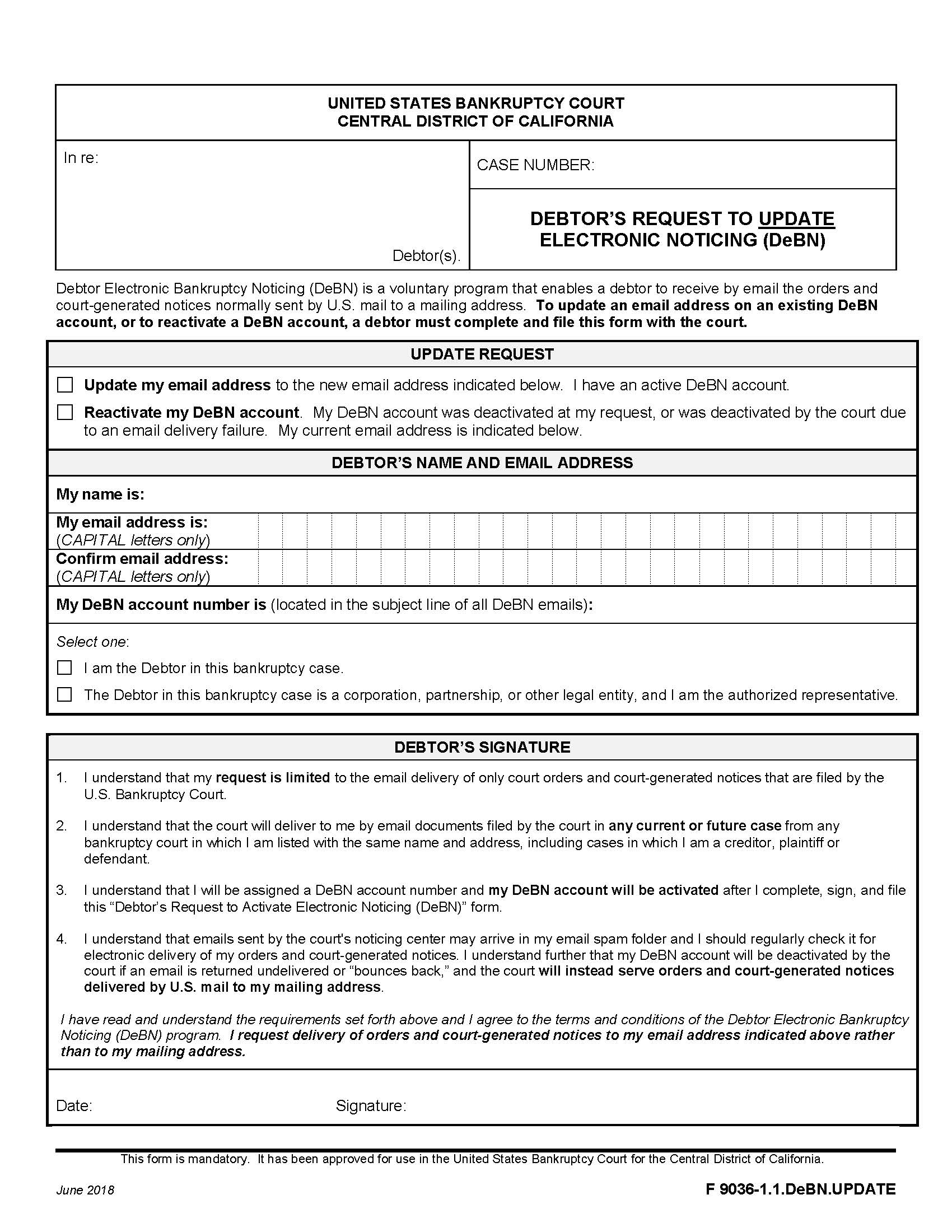 Debtors Request To Update Electronic Noticing (DeBN) {F 9036-1.1DeBN.UPDATE} | Pdf Fpdf Docx | California