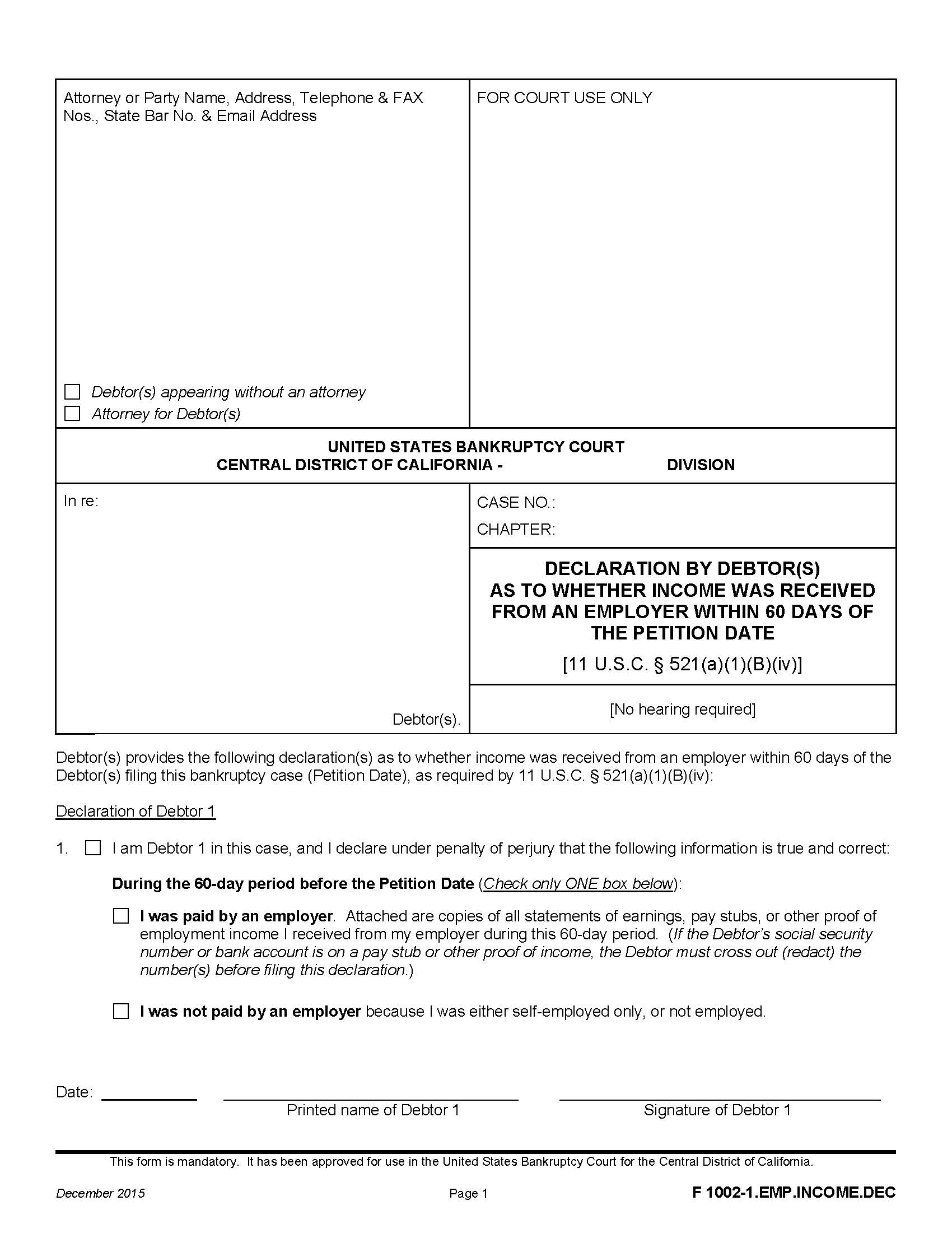 Declaration By Debtor(s) As To Whether Income Was Received {F 1002-1.EMP.INCOME.DEC} | Pdf Fpdf Doc Docx | California