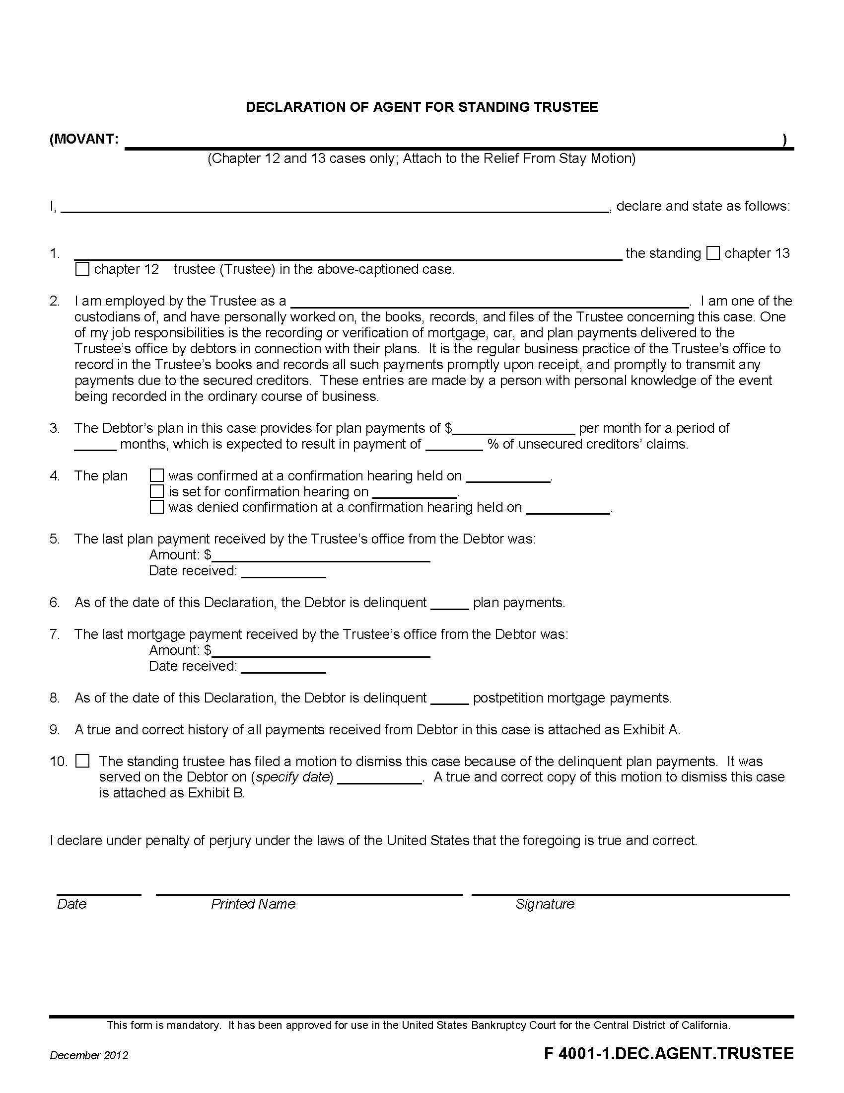 Declaration Of Agent For Standing Trustee {F 4001-1.DEC.AGENT.TRUSTEE} | Pdf Fpdf Doc Docx | California