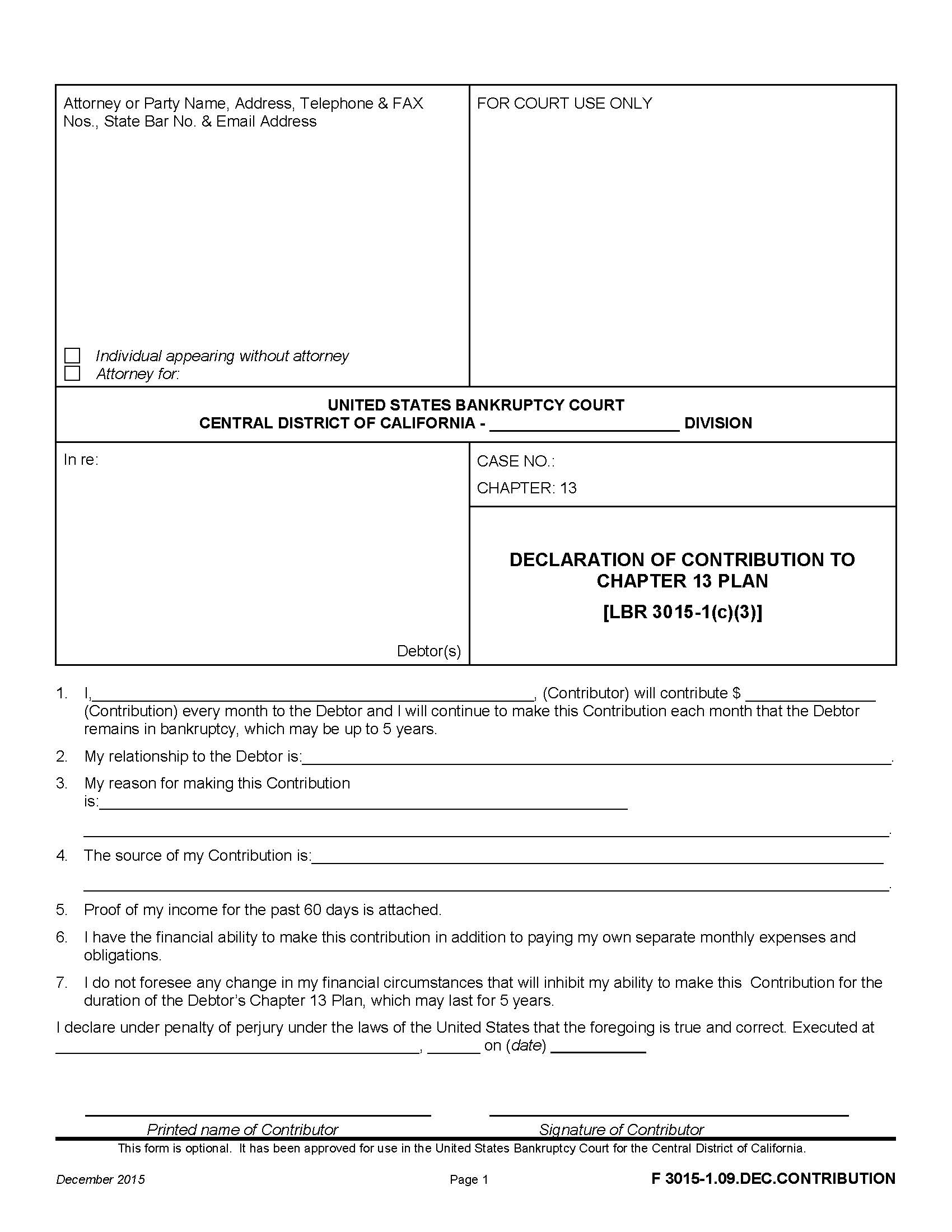 Declaration Of Contribution To Chapter 13 Plan {F 3015-1.09.DEC.CONTRIBUTION} | Pdf Fpdf Doc Docx | California