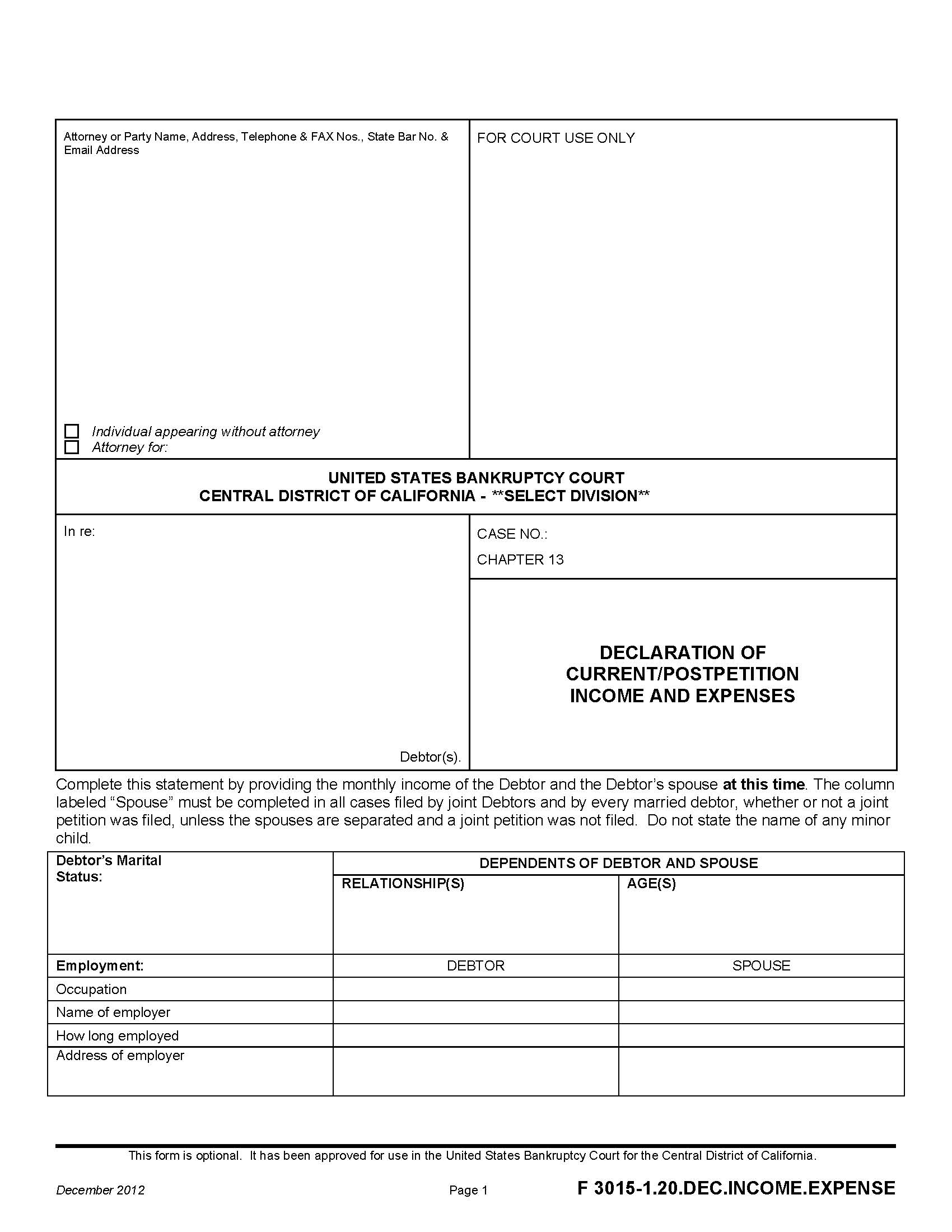 Declaration Of Current-Postpetition Income And Expenses {F 3015-1.20.DEC.INCOME.EXPENSE} | Pdf Fpdf Doc Docx | California