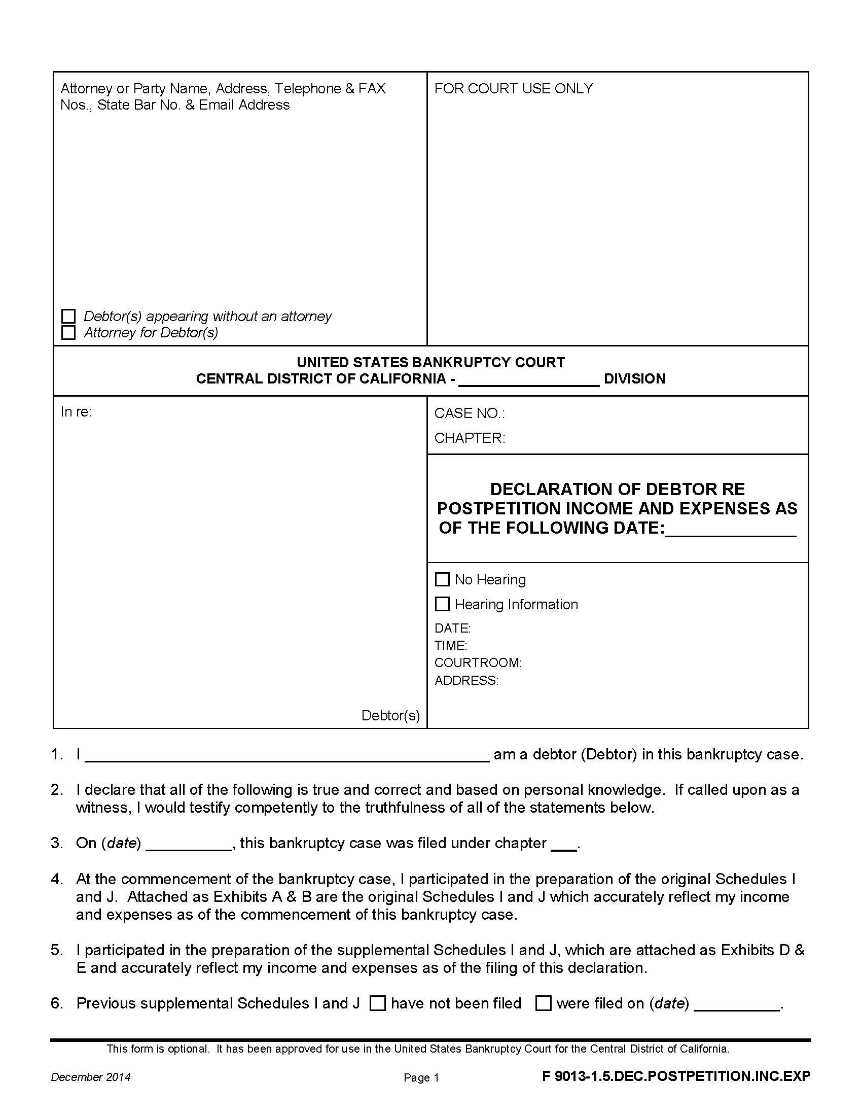 Declaration Of Debtor Re Postpetition Income And Expenses {F 9013-1.5.DEC.POSTPETITION.INC.EXP} | Pdf Fpdf Doc Docx | California