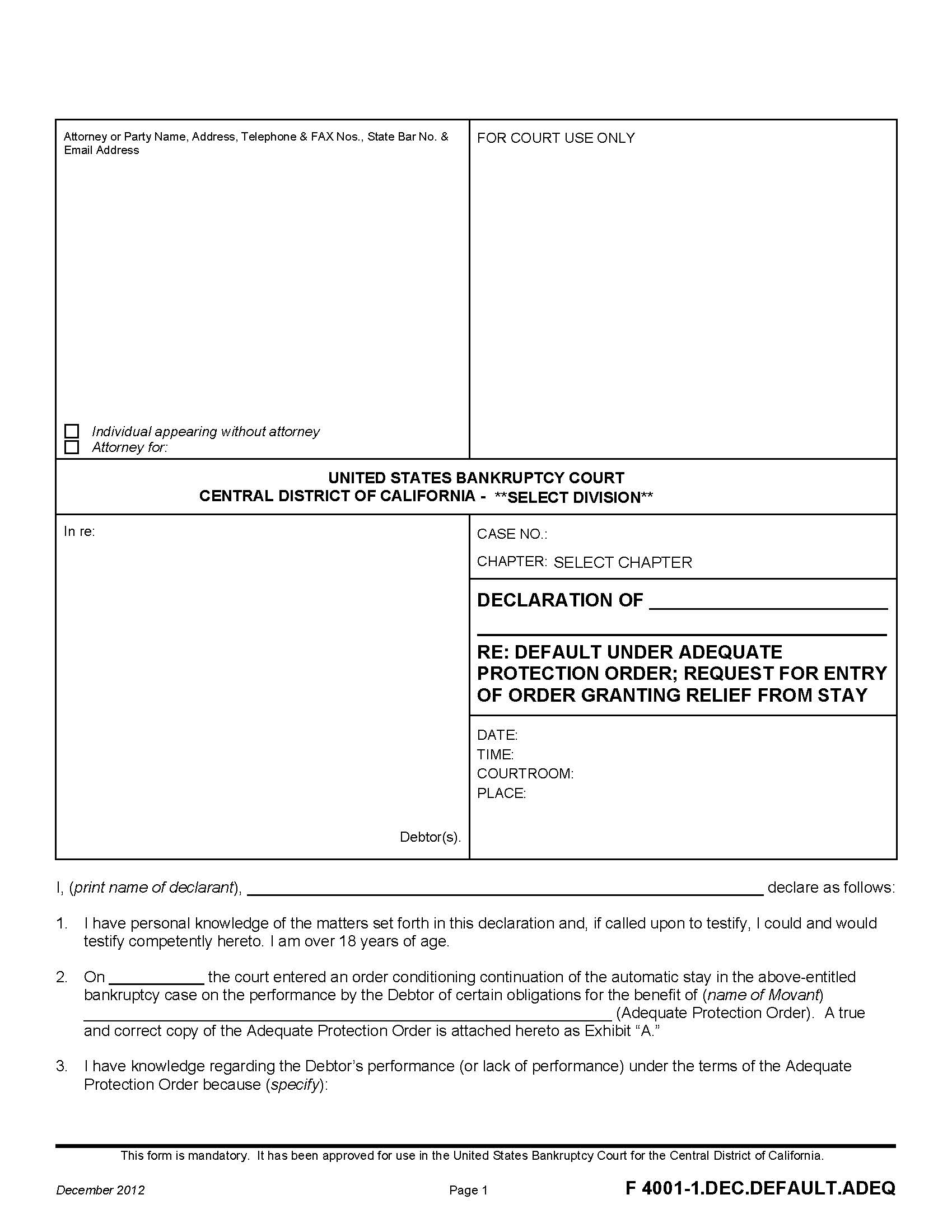 Declaration Of RE Default Under Adequate Protection Order {F 4001-1.DEC.DEFAULT.ADEQ} | Pdf Fpdf Doc Docx | California