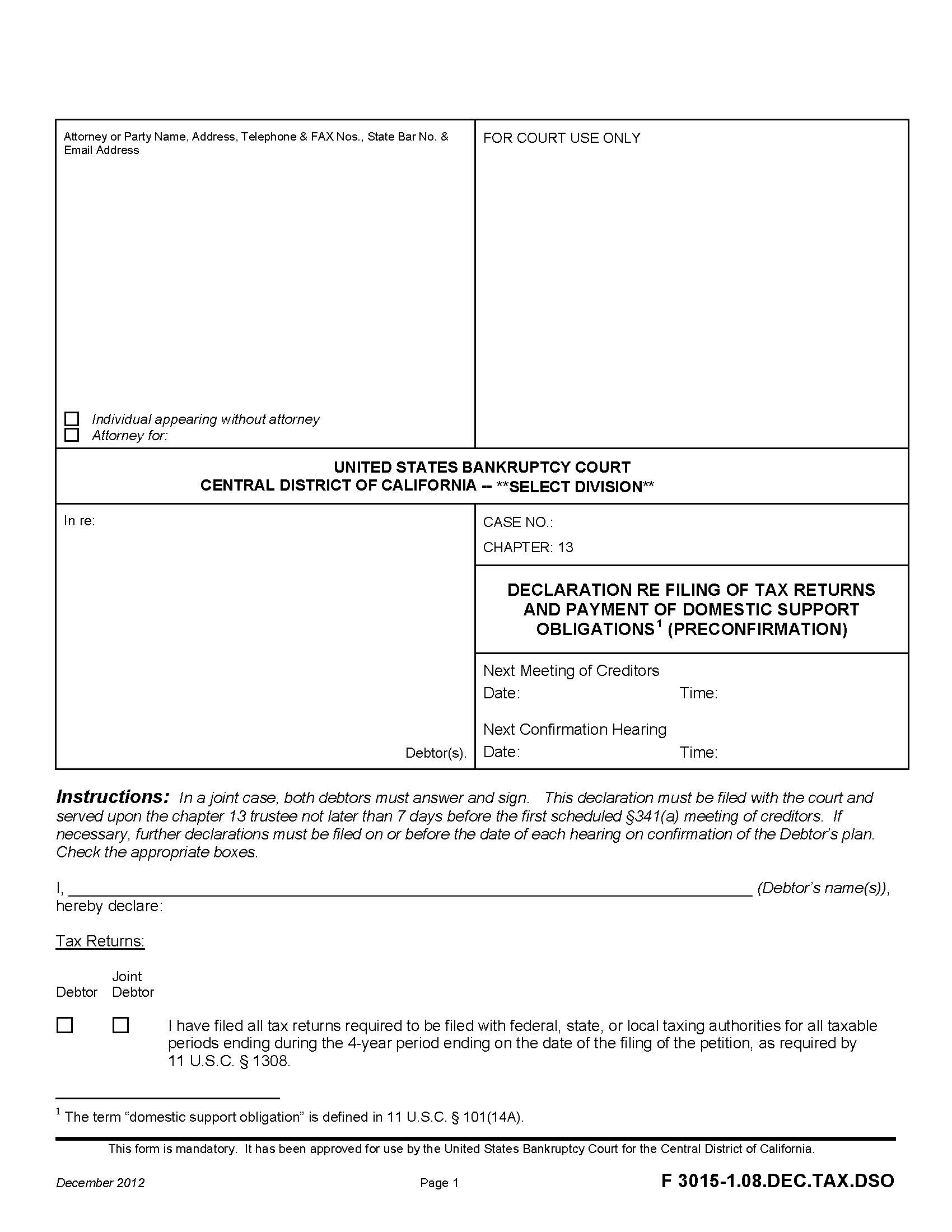 Declaration RE Filing Of Tax Returns And Payment Of Domestic Support {F 3015-1.08.DEC.TAX.DSO} | Pdf Fpdf Doc Docx | California