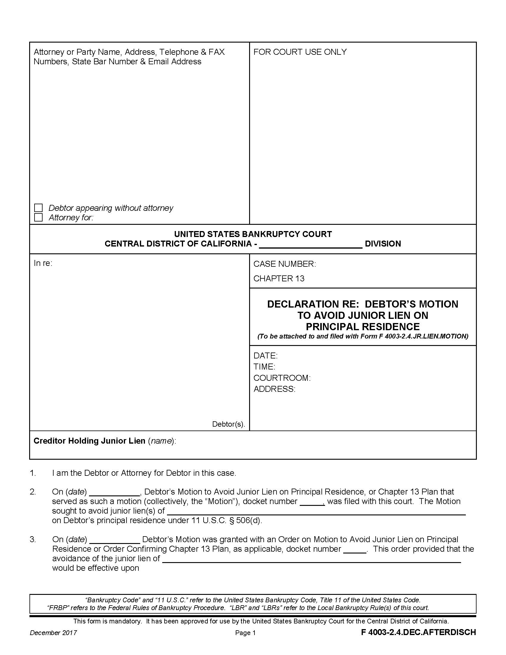 Declaration Re Debtors Motion To Avoid Junior Lien On Principal Residence {F 4003-2.4.DEC.AFTERDISCH} | Pdf Fpdf Docx | California
