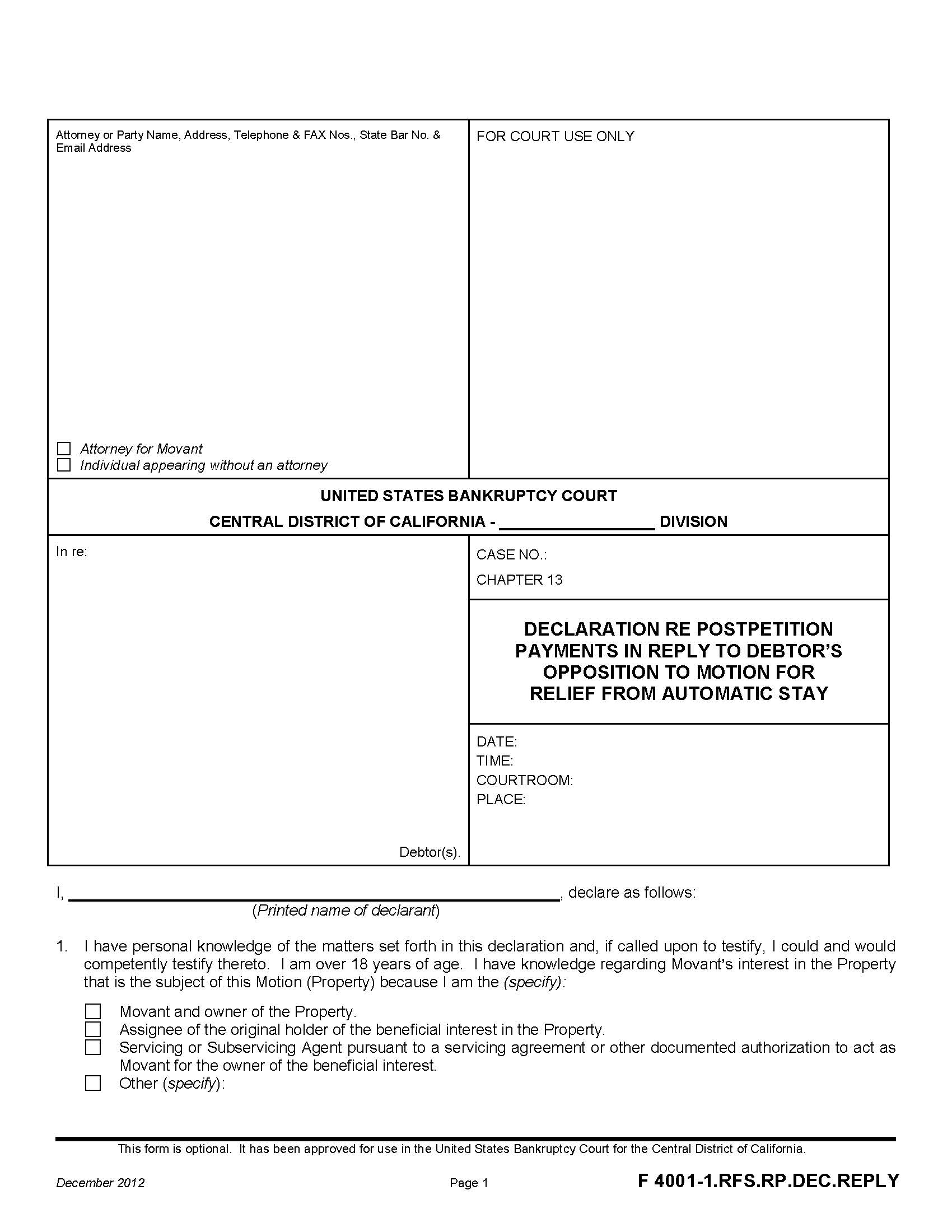 Declaration Re Postpetition Payments In Reply To Debtors Opposition {F 4001-1.RFS.RP.DEC.REPLY} | Pdf Fpdf Doc Docx | California