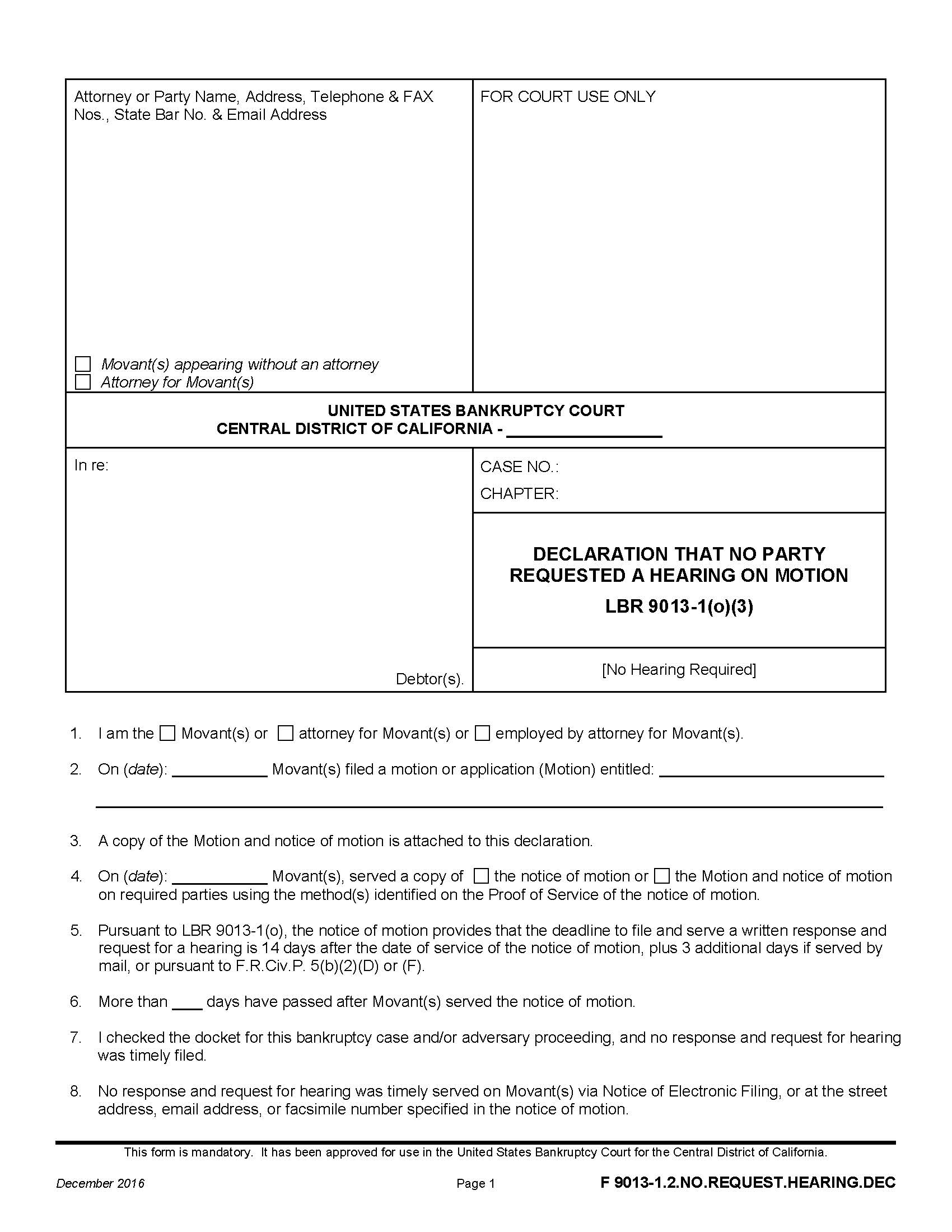Declaration That No Party Requested A Hearing On Motion {F 9013-1.2.NO.REQUEST.HEARING.DEC} | Pdf Fpdf Doc Docx | California