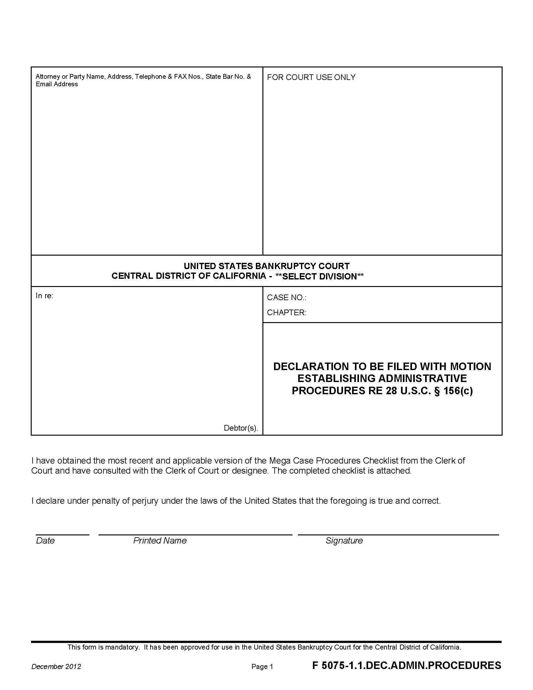 Declaration To Be Filed With Motion Establishing Administrative Procedures {F 5075-1.1.DEC.ADMIN.PROCEDURES} | Pdf Fpdf Doc Docx | California