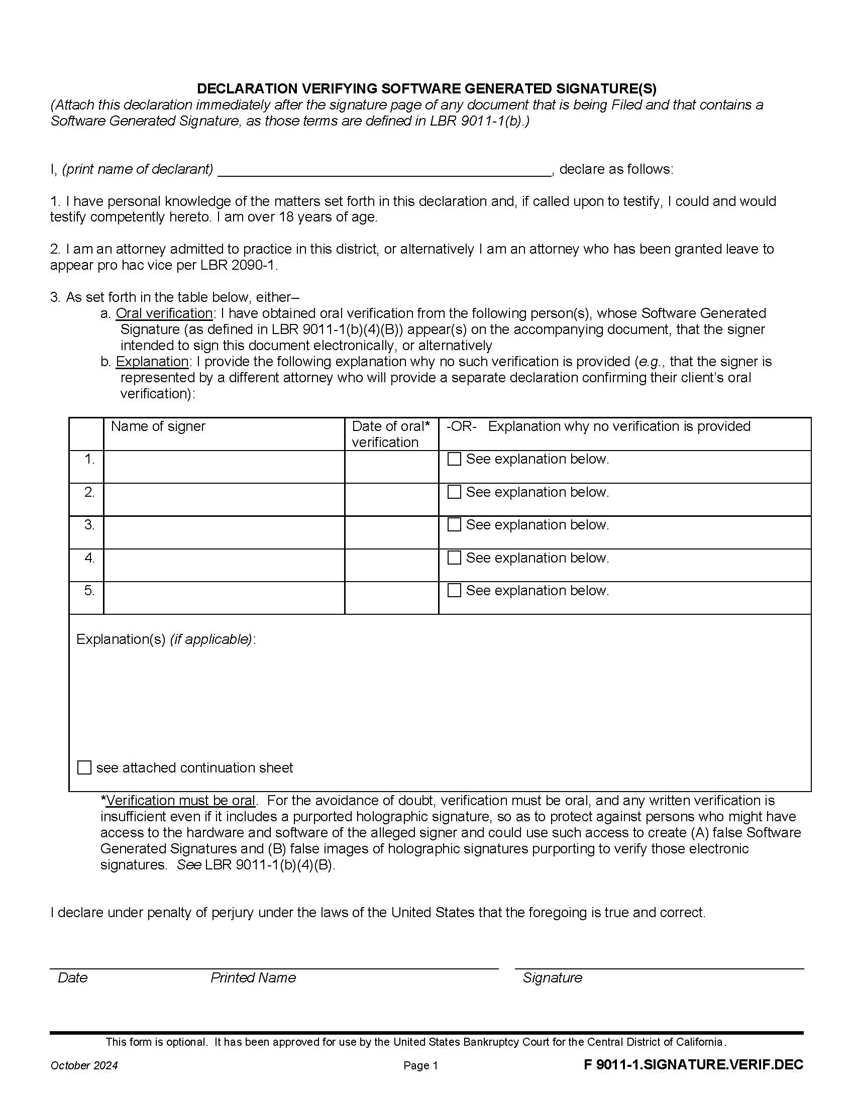 Declaration Verifying Software Generated Signature(s) {F 9011-1.1.SIGNATURE.VERIF.DEC} | Pdf Fpdf Docx | California