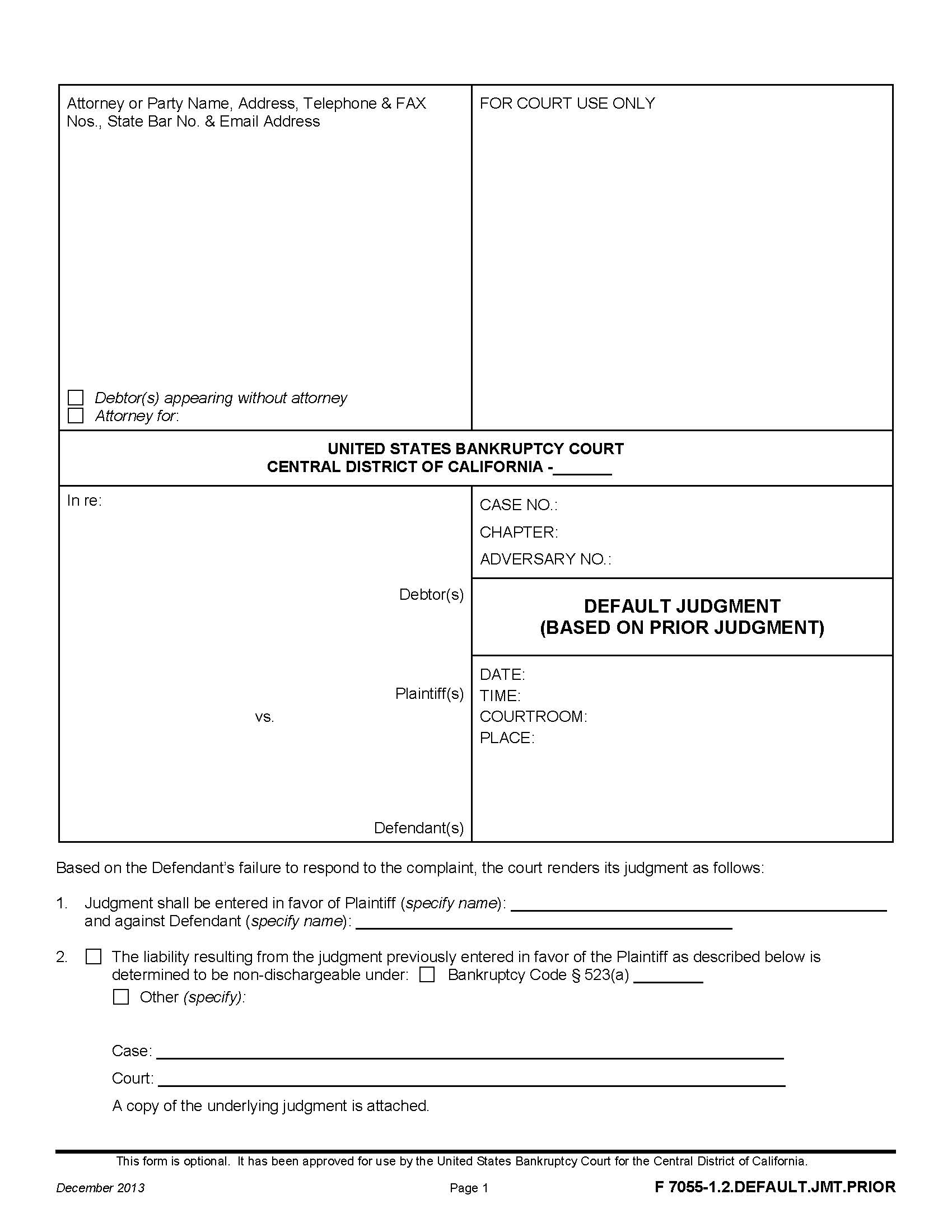Default Judgment (Based On Prior Judgment) {F 7055-1.2.DEFAULT.JMT.PRIOR} | Pdf Fpdf Doc Docx | California