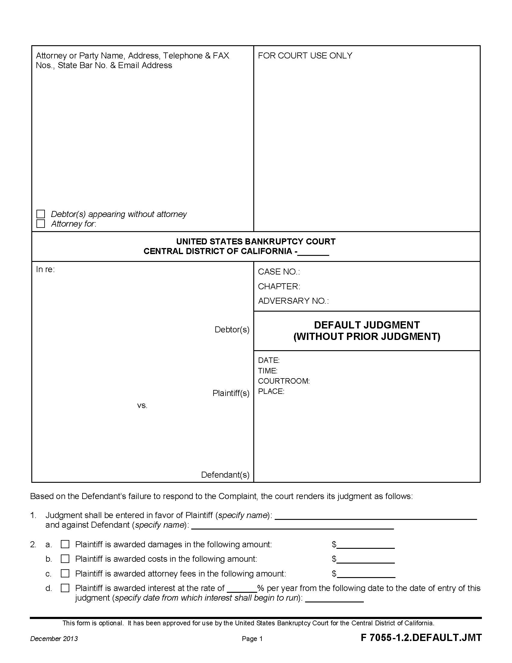 Default Judgment (Without Prior Judgment) {F 7055-1.2.DEFAULT.JMT} | Pdf Fpdf Doc Docx | California
