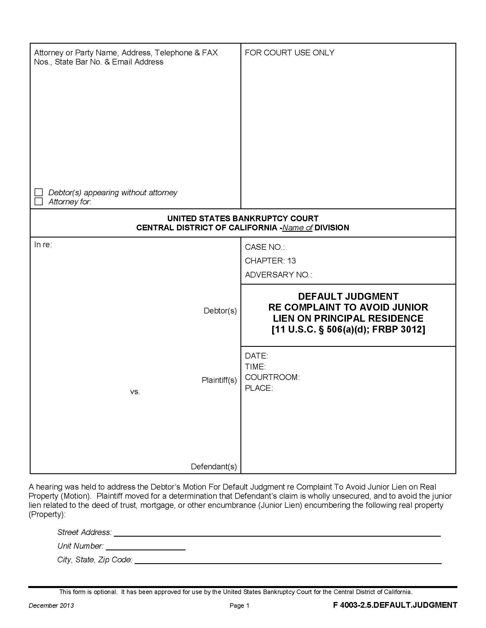 Default Judgment Re Complaint To Avoid Junior Lien On Principal Residence {F 4003-2.5.DEFAULT.JUDGMENT} | Pdf Fpdf Doc Docx | California