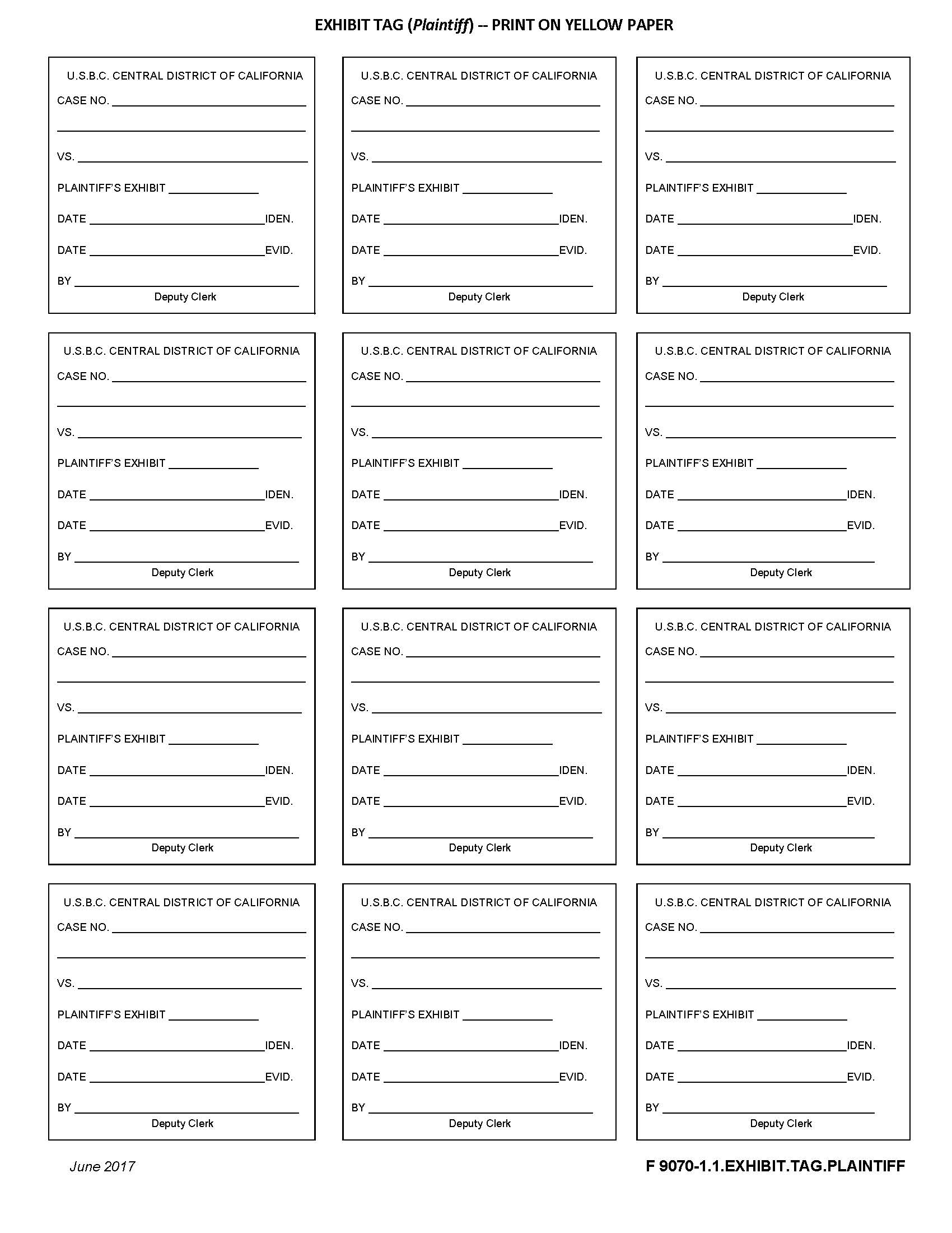 Exhibit Tag (Plaintiff) {F 9070-1.1.EXHIBIT.TAG.PLAINTIFF} | Pdf Fpdf Docx | California