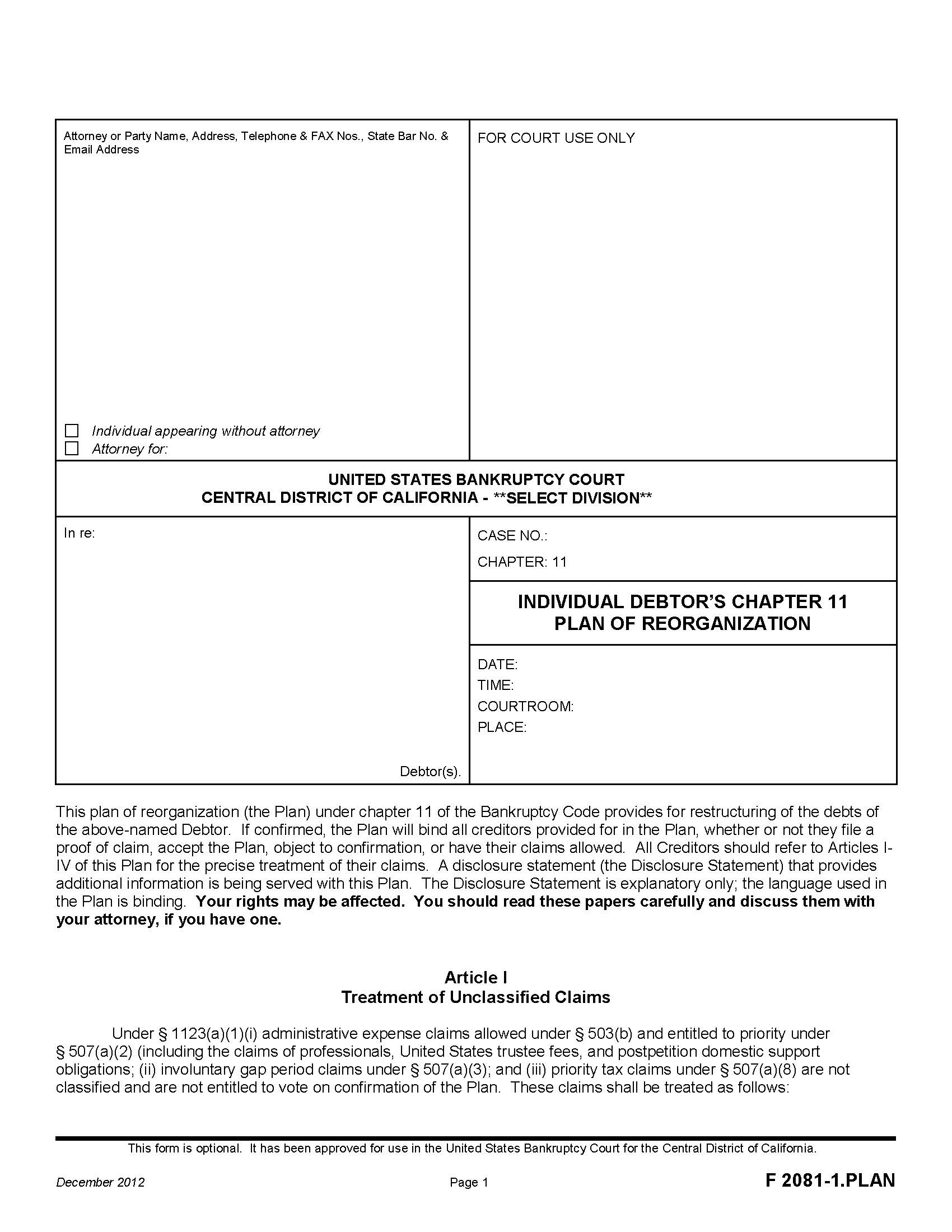 Individual Debtors Chapter 11 Plan Of Reorganization {F 2081-1.PLAN} | Pdf Fpdf Doc Docx | California