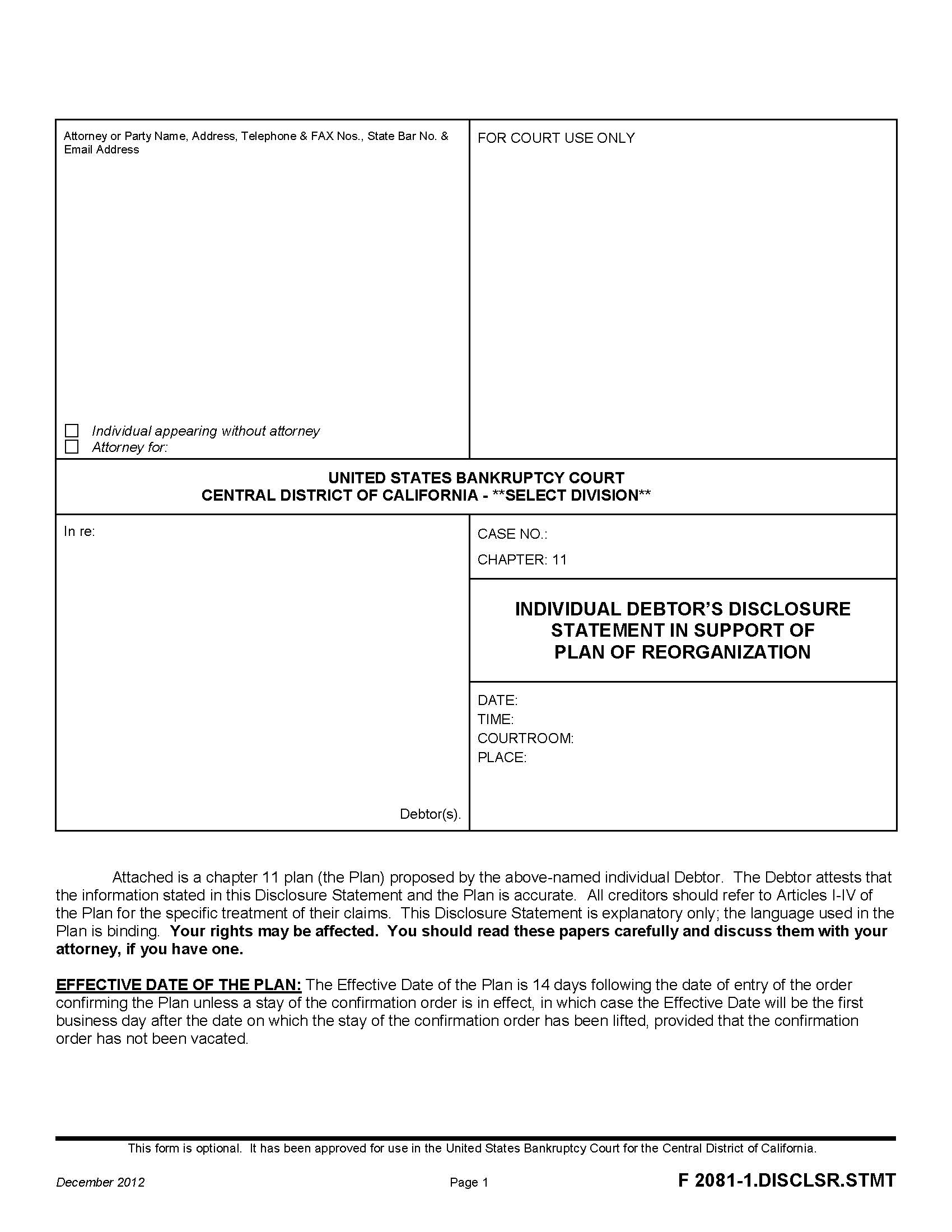 Individual Debtors Disclosure Statement In Support Of Plan Of Reorganization {F 2081-1.DISCLSR.STMT} | Pdf Fpdf Doc Docx | California