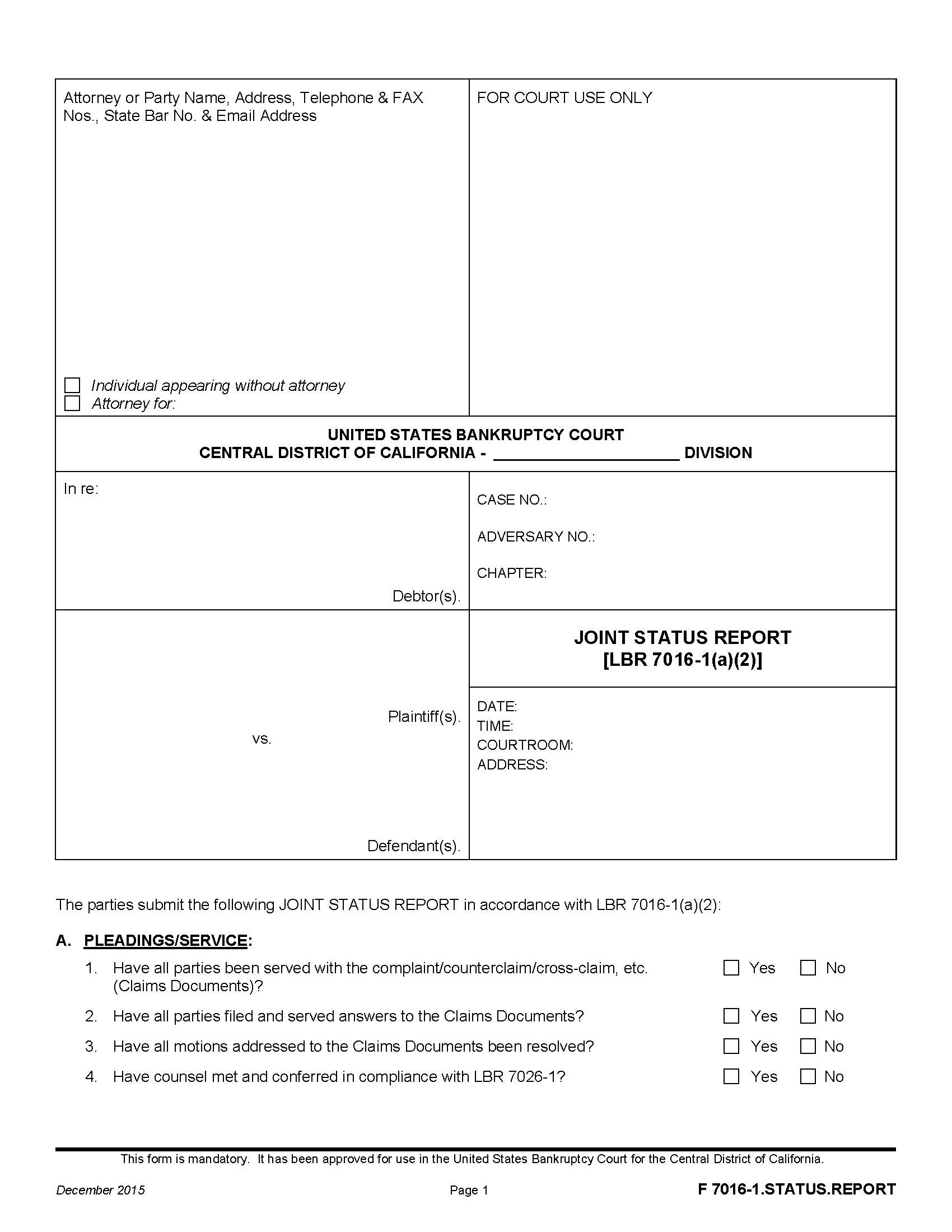 Joint Status Report LBR 7016-1(a)(2) {F 7016-1.STATUS.REPORT} | Pdf Fpdf Doc Docx | California