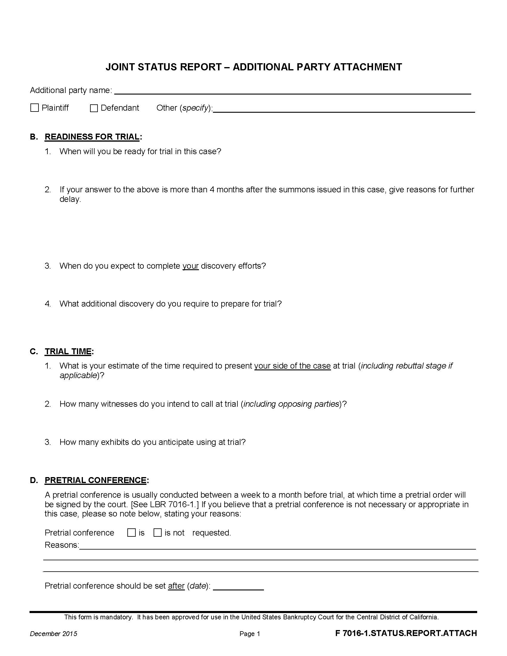 Joint Status Report-Additional Party Attachment {F 7016-1.STATUS.REPORT.ATTACH} | Pdf Fpdf Doc Docx | California