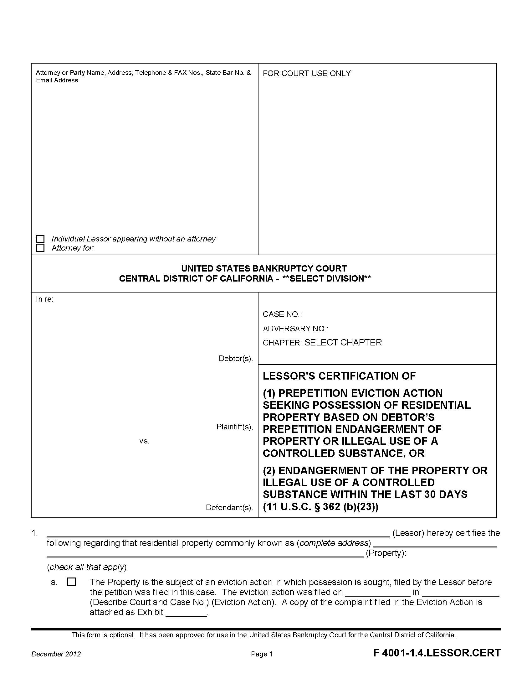 Lessors Certification Of (1) Prepetition Eviction Action Seeking Possession {F 4001-1.4.LESSOR.CERT} | Pdf Fpdf Doc Docx | California