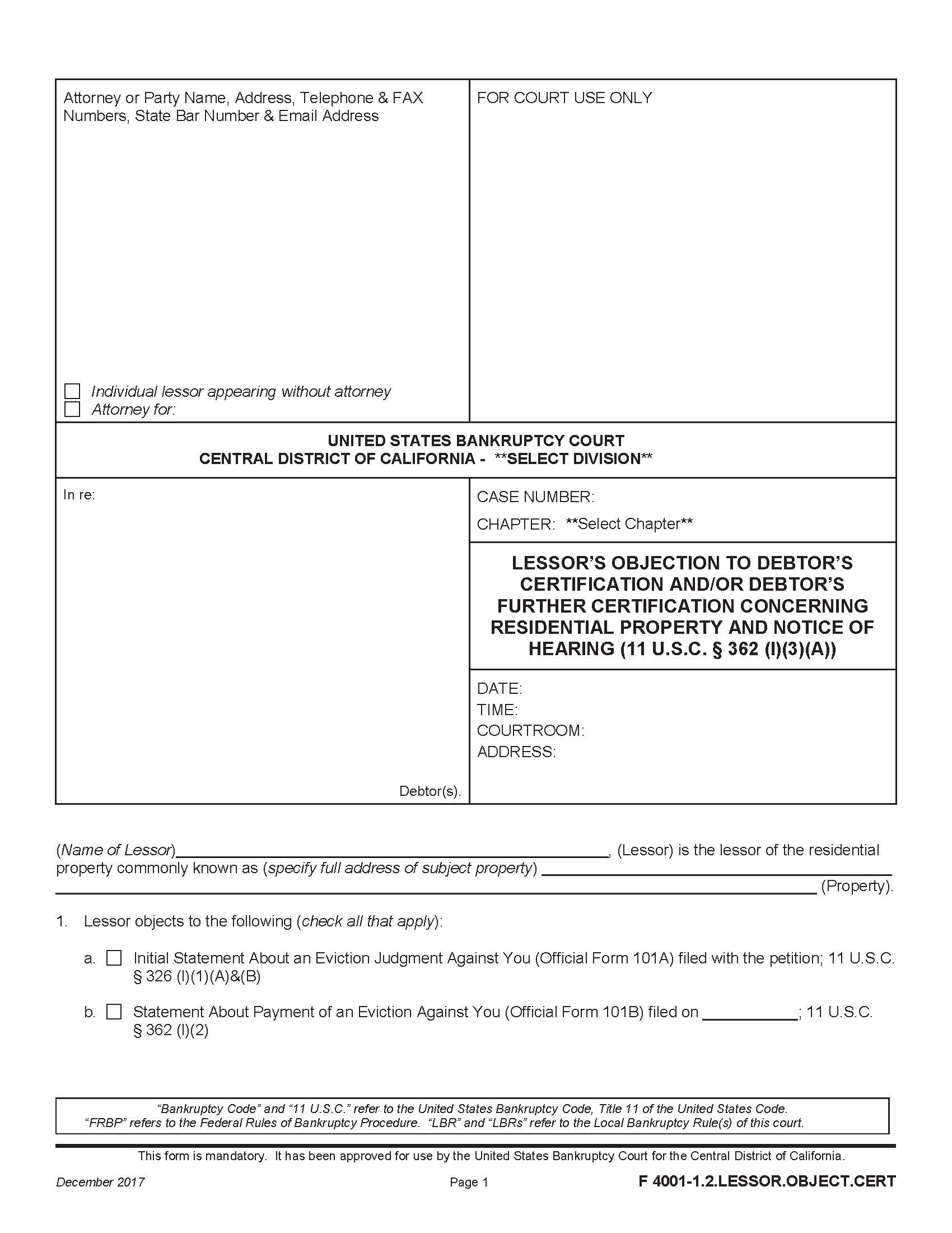 Lessors Objection To Debtors Certification And-Or Debtors Further Certification {F 4001-1.2.LESSOR.OBJECT.CERT} | Pdf Fpdf Docx | California