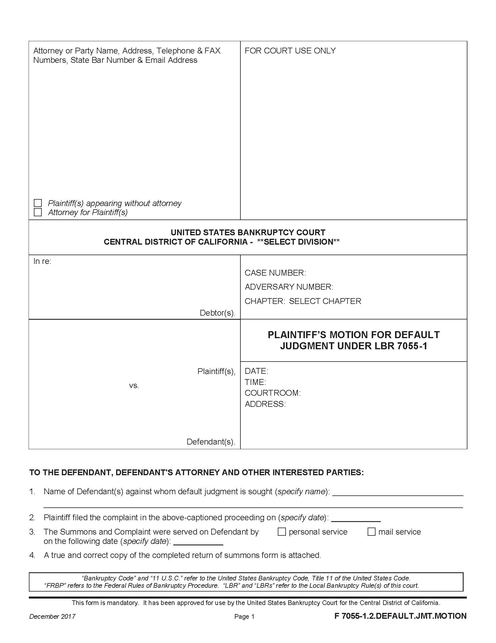 Motion For Default Judgment Under LBR 7055-1 {F 7055-1.2DEFAULT.JMT.MOTION} | Pdf Fpdf Docx | California