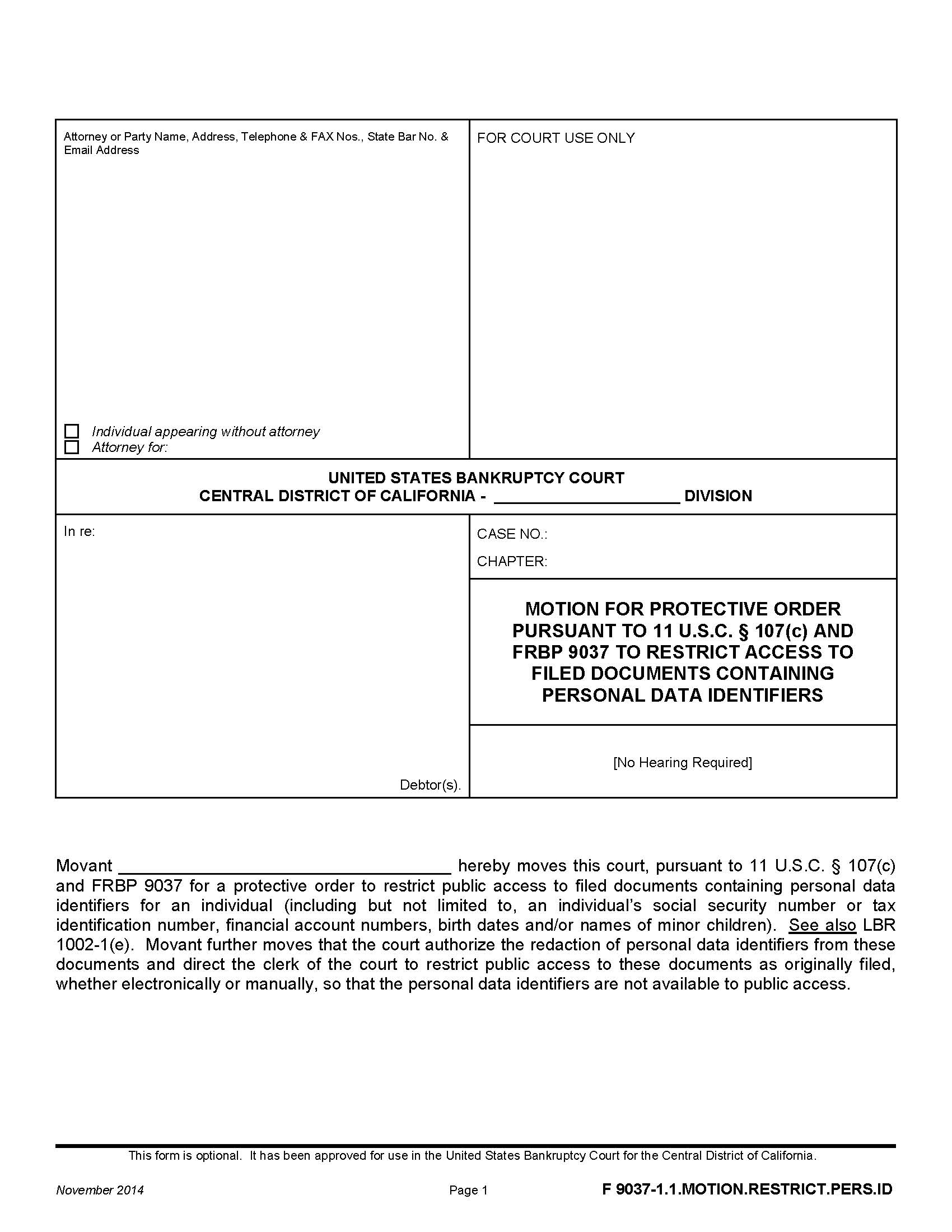 Motion For Protective Order-To Restrict Access To Filed Documents {F 9037-1.1.MOTION.RESTRICT.PERS.ID} | Pdf Fpdf Doc Docx | California