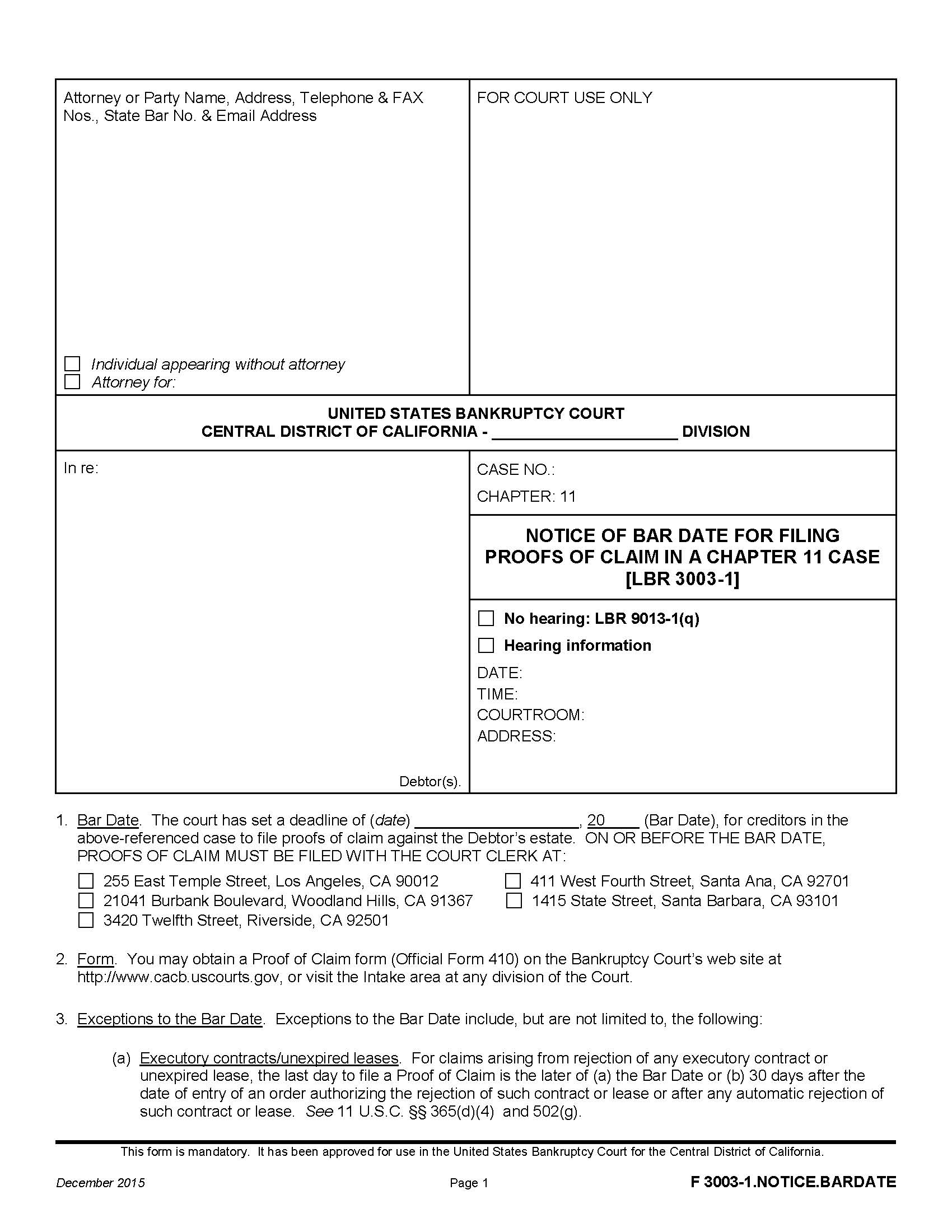 Notice Of Bar Date For Filing Proof Of Claims {F 3003-1.NOTICE.BARDATE} | Pdf Fpdf Doc Docx | California