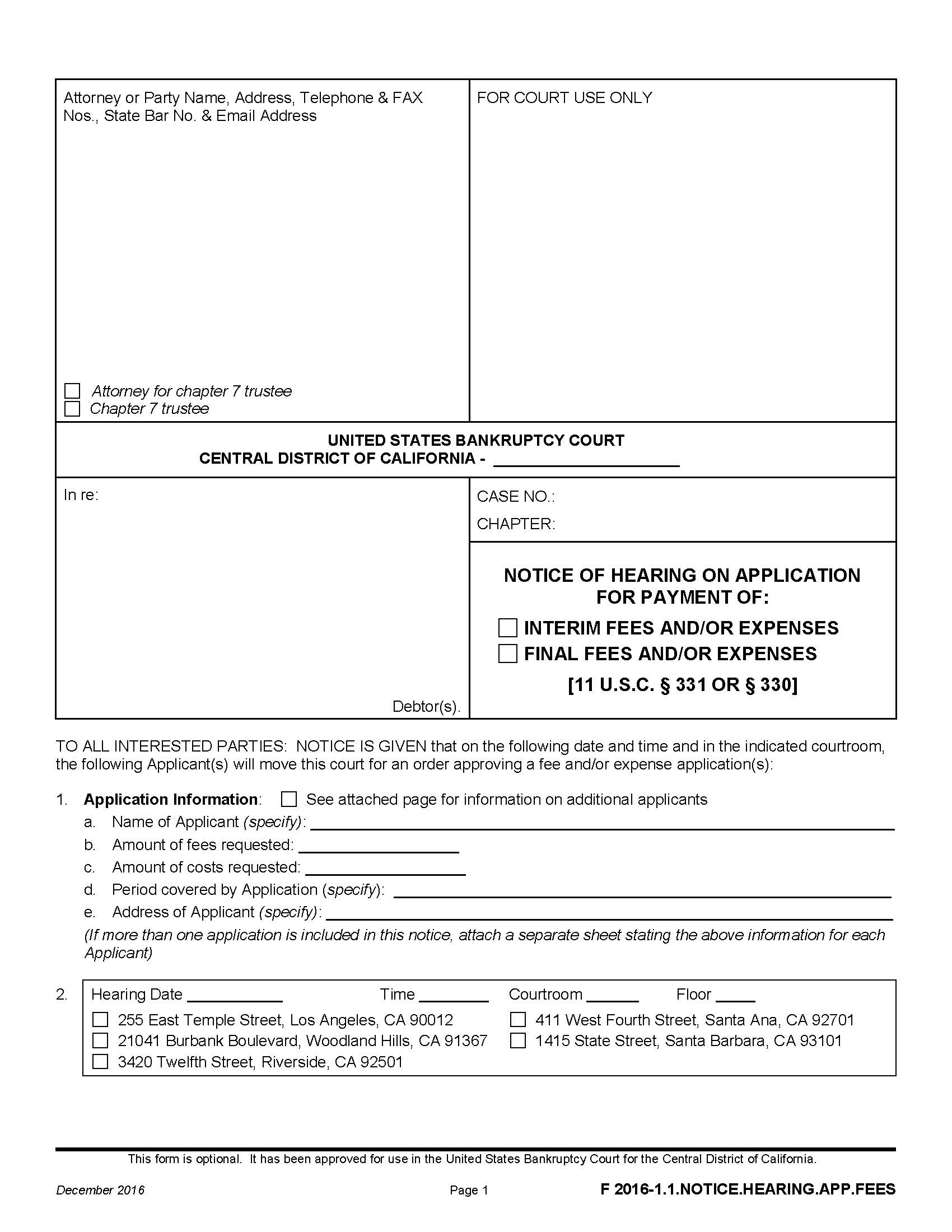 Notice Of Hearing On Application For Payment Of Interim Or Final Fees {F 2016-1.1.NOTICE.HEARING.APP.FEES} | Pdf Fpdf Docx | California