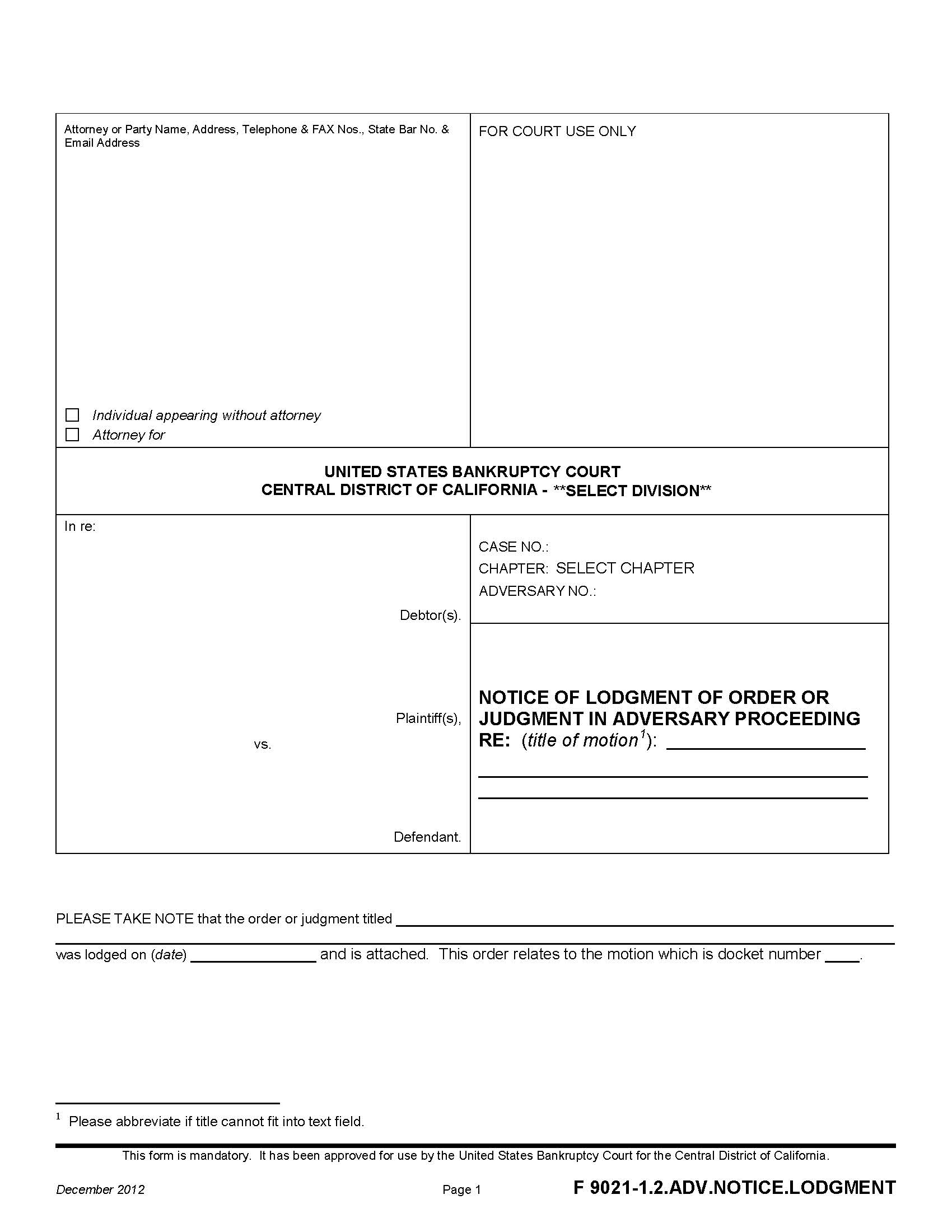 Notice Of Lodgment Of Order Or Judgment In Adversary Proceeding {F 9021-1.2.ADV.NOTICE.LODGMENT} | Pdf Fpdf Doc Docx | California