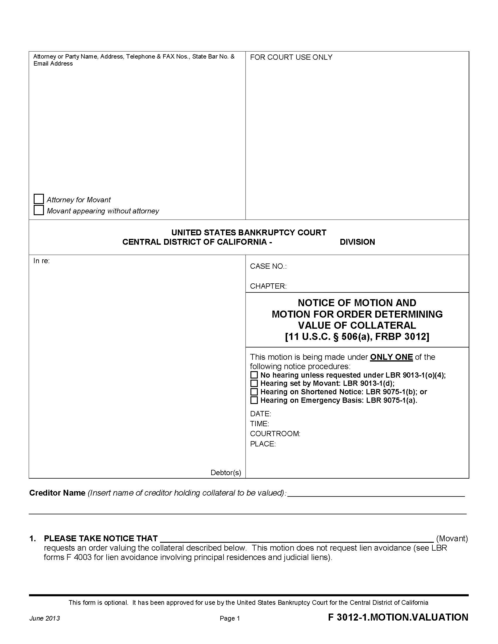 Notice Of Motion And Motion For Order Determining Value Of Collateral {F 3012-1.MOTION.VALUATION} | Pdf Fpdf Doc Docx | California
